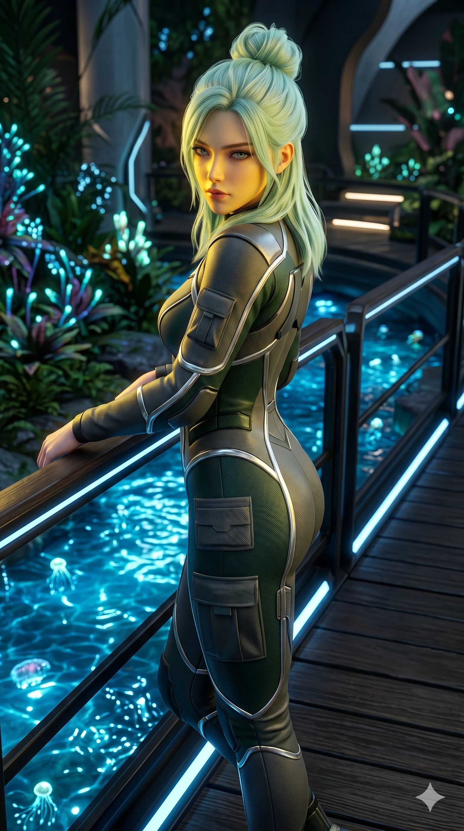 score_9, masterpiece, best quality, ultra-detailed, high-budget anime keyframe, semi-realistic 3D game render, Japanese woman. Upper body close-up from the thighs up, character filling the screen for maximum presence. Standing on a wooden bridge in a biotech garden, over a glowing stream, leaning against the railing, looking back with an enigmatic, intense gaze. She is wearing a high-fashion tech-jumpsuit with reflective silver piping and cargo pockets. The scene is illuminated by the glowing blue water reflections and a yellow key light. 2k, ultra detail, master piece, 9:16 ratio