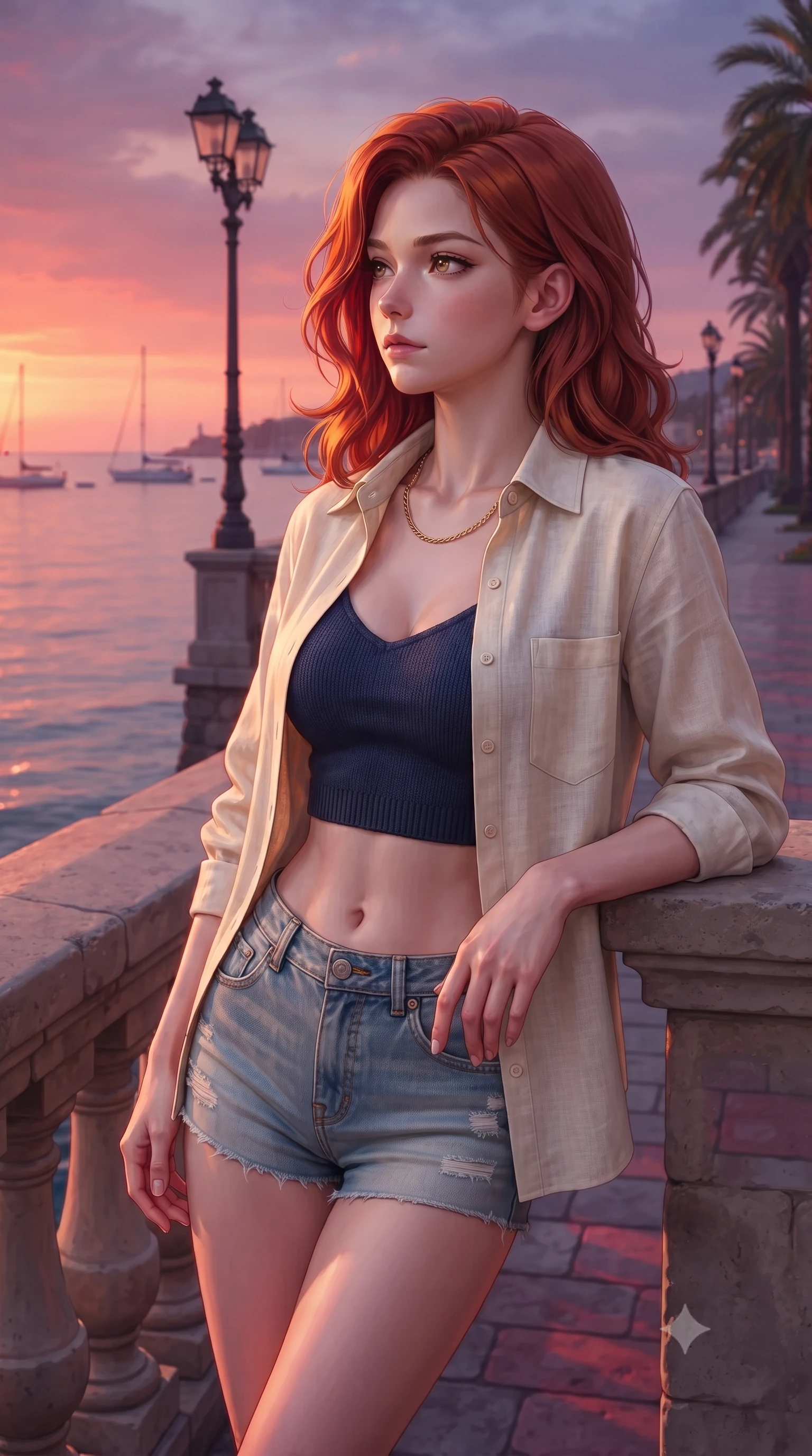 score_9, masterpiece, best quality, ultra-detailed, high-budget anime keyframe, editorial fashion photography, tasteful artistic composition, Caucasian woman woman. close-up cowboy shot from the waist and thighs up, the character dominates the composition, filling the frame with her large presence, background elements kept in soft focus. looking past the camera with a peaceful, thoughtful gaze, enjoying the warm sunlight the background shows a soft-focus a paved promenade with classic lamp posts overlooking a calm sea at sunset. She has an exceptionally elegant, slender, and willowy female figure with an ultra-slim waist, a gracefully sculpted slender torso, and a refined silhouette. sharp v-shaped jawline, high-bridge nose, intricate jewel-like eyes with depth, thick eyelashes, glossy lips with a natural sheen. wearing a tailored lightweight open-front linen shirt over a knit crop top and denim micro-shorts. the warm red and violet glow of twilight reflecting on the pavement. ultra-reflective glossy finish, specular highlights, metallic sheen, high-contrast stereoscopic depth, volumetric dynamic lighting, 2k, ultra detail, master piece, 9:16 ratio