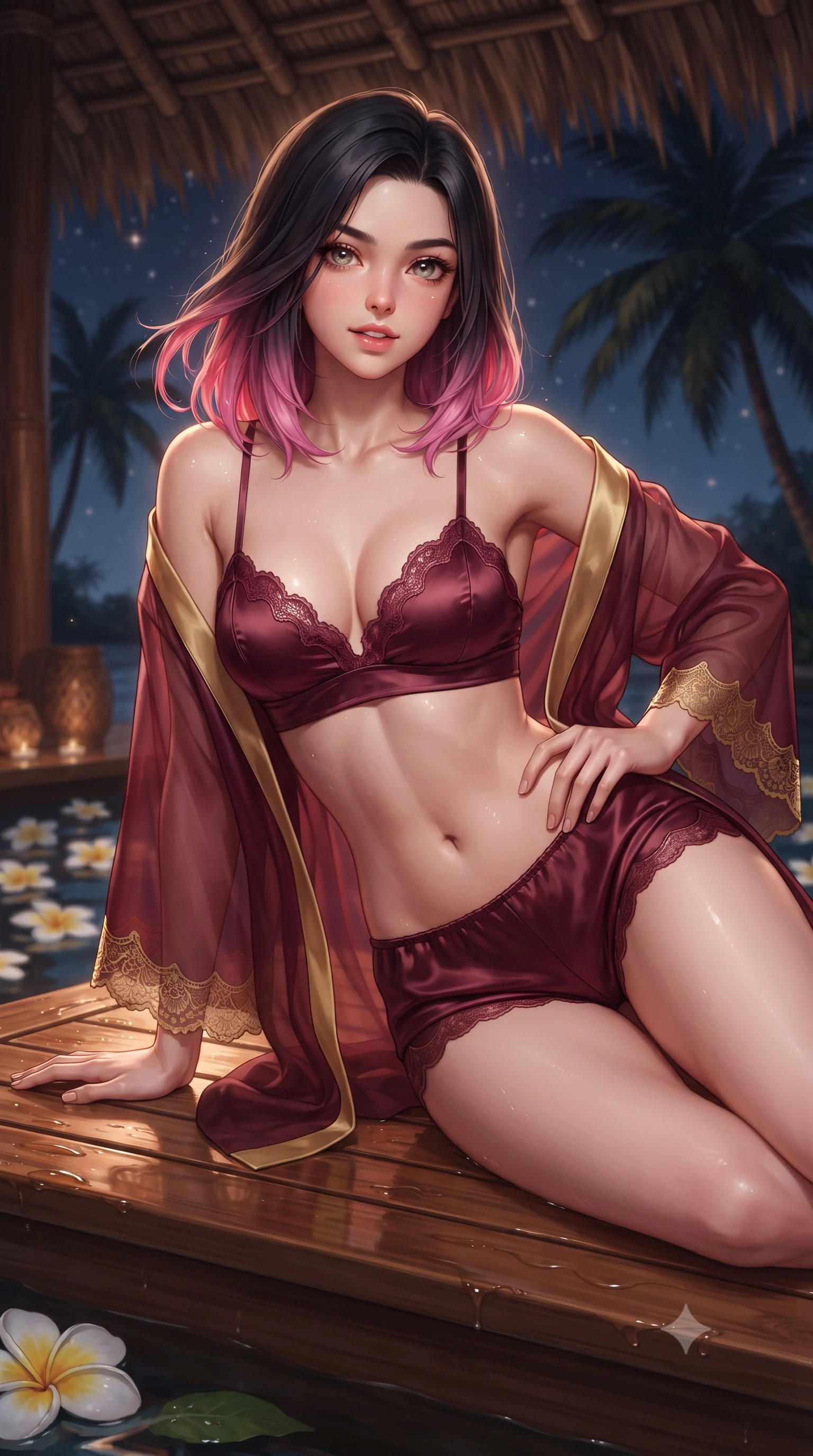 score_9, masterpiece, best quality, ultra-detailed, high-budget anime keyframe, editorial fashion photography, tasteful artistic composition, Korean woman. close-up cowboy shot from the waist and thighs up, the character dominates the composition, filling the frame with her large presence. twisting her slender torso in an alluring contrapposto stance, one hand resting on her sculpted hip while her fingers toy with her hair with effortless poise while lounging gracefully on the wet teak massage platform propped on one hand, her statuesque 8.5-heads silhouette exuding serene tropical indulgence. The background shows a soft-focus thatched coconut palm leaf roof rafters, floating frangipani flowers on water, and dark palm trees swaying against stars blurred into rose, amber, and charcoal bokeh. She has an exceptionally elegant, slender, and willowy female figure with an ultra-slim waist, flat toned midriff, narrow ribcage, and sculpted feminine hips creating an alluring, slim hourglass silhouette without bulk. sharp v-shaped jawline, high-bridge nose, sparkling eyes with hypnotic seductive depth, thick curled eyelashes, glossy parted lips with a natural dewy peach sheen, alluring bedroom-eyes with an enchanting coquettish smile, exuding magnetic siren charisma and sophisticated glamour, flawlessly proportioned anatomical accuracy, strict slender model proportions, natural body alignment, perfectly sculpted long slender limbs, ultra-slim waistline, clean dynamic posture without body distortion. wearing a sheer silk organza modern caftan robe worn loose and slipping off bare shoulders over a matching satin bralette and micro-shorts in Vienna imperial bordeaux and Habsburg gold, tailored from fine structural neoprene with crisp architectural edges and smooth contouring, finished with scalloped eyelash lace trim framing her sweetheart neckline with intimate elegance, the form-contouring silhouette accentuating her sculpted flat midriff, narrow delicate ribcage, and gracefully curvy hips with intoxicating allure. illuminated by water surface specular highlights and sharp warm-gold rim lights defining her delicate clavicles, ultra-slim waist, and curvy hips. ultra-reflective glossy finish, specular highlights, rich textural contrasts, high-contrast stereoscopic depth, volumetric dynamic lighting, 2k, ultra detail, master piece, 9:16 ratio