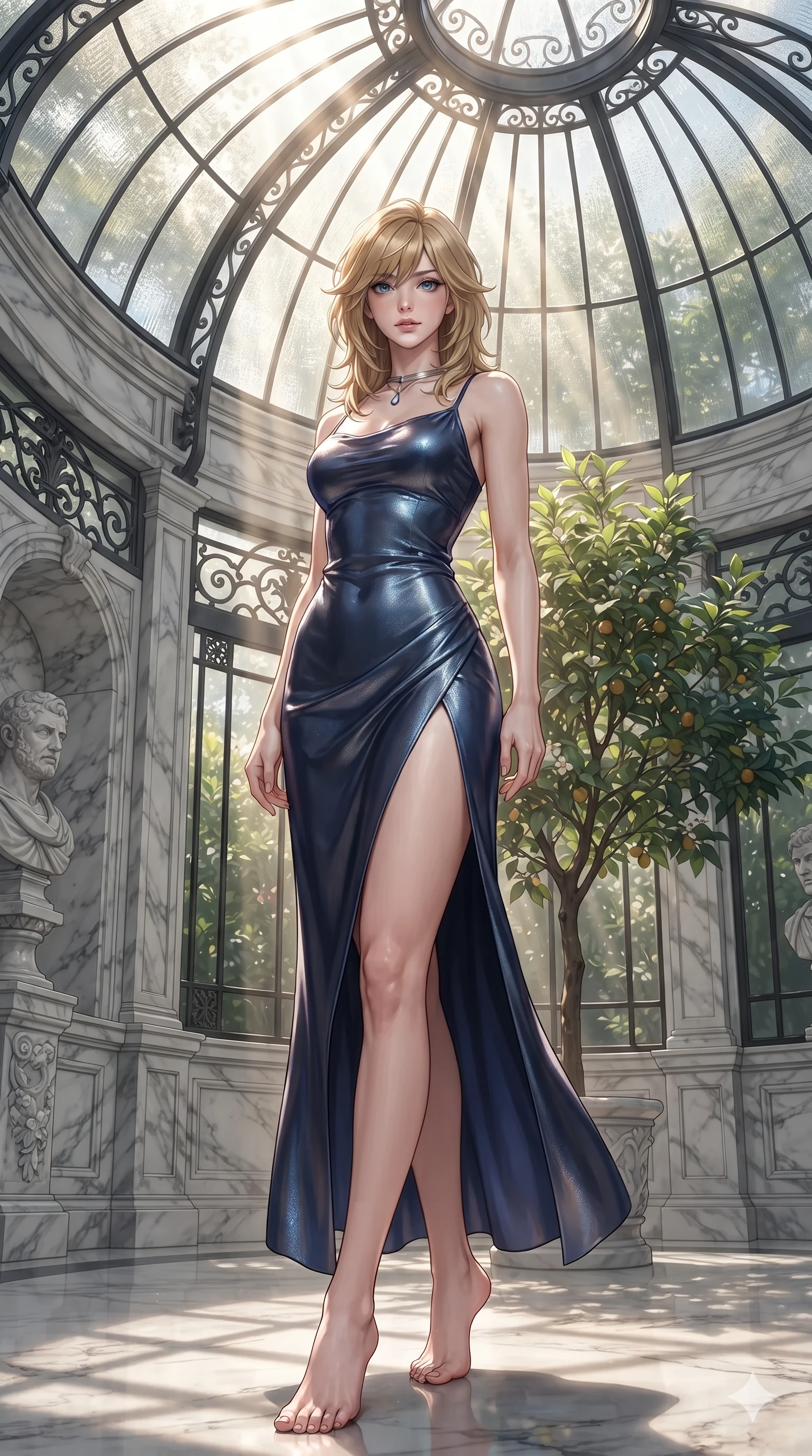 score_9, masterpiece, best quality, ultra-detailed, high-budget anime keyframe, editorial fashion photography, tasteful artistic composition, Korean woman. low angle full-body shot from head to toe showing her feet, filling the entire 9:16 vertical frame with her statuesque presence, stretching her vertical silhouette. reclining gracefully across the plush chaise lounge with one leg extended, her sculpted silhouette and flat midriff radiating magnetic nocturnal glamour while standing poised beneath the soaring curved glass ceiling beside a flowering citrus tree, arching her spine with ethereal siren poise as afternoon sunbeams lance through glass panes. The surrounding environment is rendered in vivid detail and crisp panoramic clarity: sharp marble bust facial carvings, waxy green citrus leaves, and crisp wrought-iron window frames in deep focus. She has an exceptionally tall and slender model-like 8.5-heads proportion, an ultra-slim waist, a flat toned midriff, narrow delicate ribcage, and beautifully sculpted feminine hips creating a graceful, slim hourglass silhouette without any bulky heaviness, with impossibly long slender legs. sharp v-shaped jawline, high-bridge nose, intricate jewel-like sparkling eyes with depth, thick eyelashes, glossy parted lips with a natural sheen, intensely captivating and seductive bedroom-eyes expression, exuding both youthful cute charm and sovereign luxury allure, flawlessly proportioned anatomical accuracy, strict slender model proportions, natural body alignment, perfectly sculpted long slender limbs, ultra-slim waistline, clean dynamic posture without body distortion. wearing a form-contouring gossamer silk chiffon slip dress with a hip-high slit and open cowl back clinging with dewy moisture in midnight sapphire blue and liquid platinum, tailored from smooth liquid silk satin that clings smoothly to her narrow waist and rounded hips with a dewy sheen, finished with a minimalist chrome choker and a single teardrop diamond pendant, the form-contouring cut accentuating her sculpted flat midriff, narrow delicate ribcage, and gracefully curvy hips with intoxicating allure. bathed in the radiant, sun-drenched greenhouse light filtering through textured glass panes creating high-contrast dappled highlights. ultra-reflective glossy finish, specular highlights, rich textural contrasts, high-contrast stereoscopic depth, volumetric dynamic lighting, 2k, ultra detail, master piece, 9:16 ratio