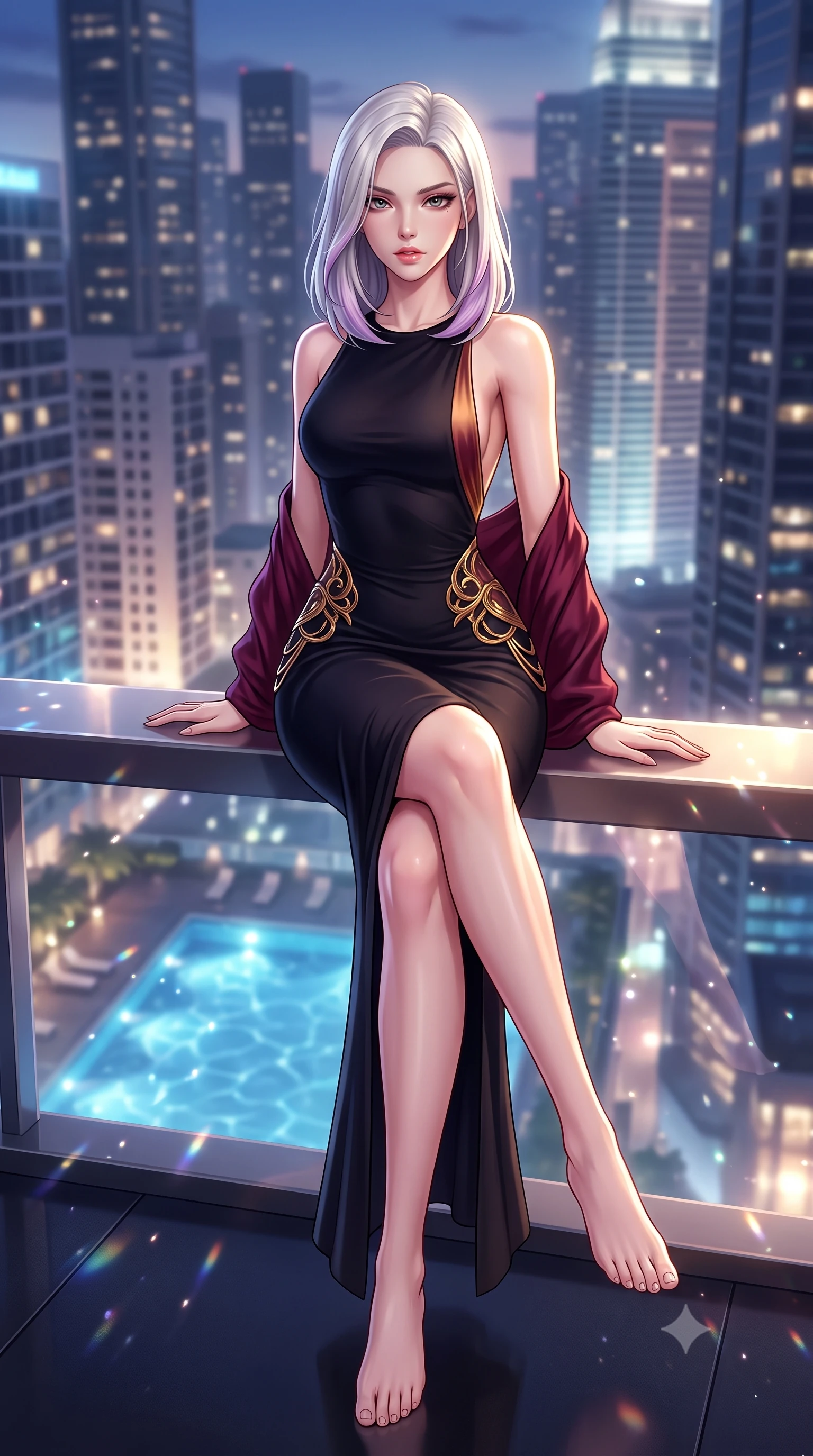 score_9, masterpiece, best quality, ultra-detailed, high-budget anime keyframe, semi-realistic 3D game render, editorial fashion photography, tasteful artistic composition, Caucasian woman. low angle full-body shot from head to toe showing her feet, filling the entire 9:16 vertical frame with her statuesque presence, stretching her vertical silhouette. sitting perched on the elevated ledge with hips angled toward the camera and legs crossed, displaying her toned midriff and flawlessly sculpted slender limbs while pivoting gracefully on the polished balcony deck with hips shifted in a pronounced contrapposto stance, parted glossy lips reflecting city neon. The composition keeps background elements in soft focus with creamy bokeh. shimmering pool caustics and city light reflections scattering radiant light motes across the deck. She has an absolutely perfect, statuesque 8.5-heads proportion, an exceptionally tall and slender model-like female figure with impossibly long slender legs, a toned flat midriff, an ultra-slim waist, and beautifully sculpted feminine hips. sharp v-shaped jawline, high-bridge nose, intricate jewel-like eyes with depth, thick eyelashes, glossy parted lips with a natural sheen, intensely captivating and seductive bedroom-eyes expression, flawlessly proportioned anatomical accuracy, strict slender model proportions, natural body alignment, perfectly sculpted long slender limbs, ultra-slim waistline, clean dynamic posture without body distortion. wearing a sleek obsidian column dress with gold filigree hip cincher and plunging backline in rich wine burgundy and liquid bronze, made of fluid silk crepe with delicate inner corsetry boning, finished with a gossamer silk shawl draped loosely over her elbows, the liquid-tight tailored fabric clinging flawlessly to her narrow waist and rounded feminine hips, emphasizing every millimeter of her sculpted hourglass curves during movement. surrounded by a cosmopolitan, elite, and intensely magnetic modern royalty aura. highly saturated vibrant anime colors, detailed shading with soft gradients, rich glossy textures, high-contrast stereoscopic depth, volumetric dynamic lighting, master piece, 9:16 ratio
