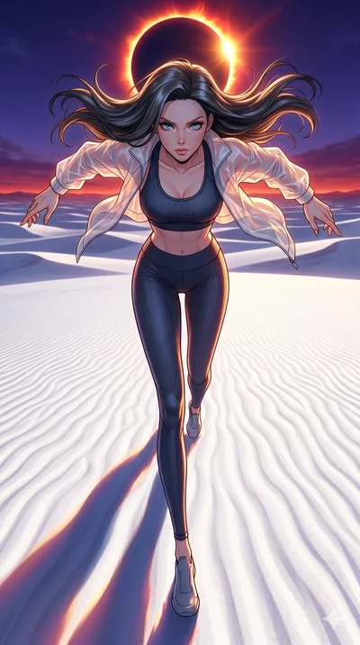 score_9, masterpiece, best quality, ultra-detailed, high-budget anime movie keyframe, cinematic anime lighting, intricate line art, Japanese woman. Extreme high angle shot as she leaps towards the camera, filling the frame. sprinting towards a solar 