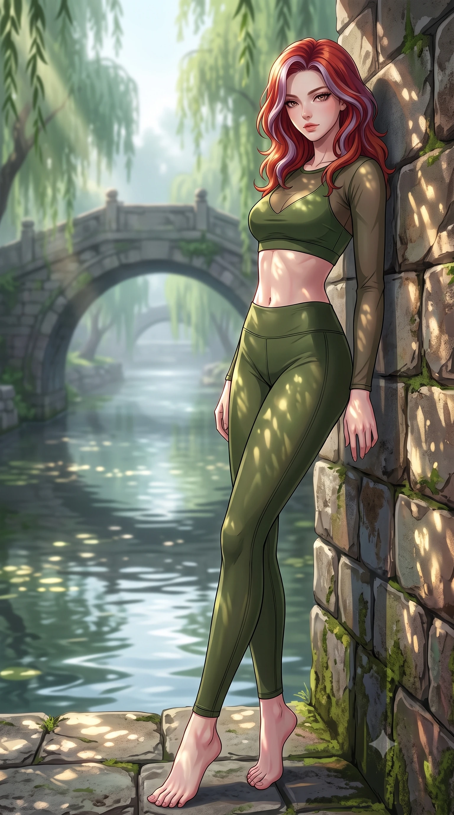 score_9, masterpiece, best quality, ultra-detailed, high-budget anime keyframe, tasteful artistic composition, Caucasian woman. low angle full-body shot from head to toe showing her feet, filling the entire 9:16 vertical frame with her statuesque presence, stretching her vertical silhouette. leaning back against a rustic stone wall, casting a slow, alluring gaze at the camera the background shows a soft-focus a misty stone bridge over a quiet stream with weeping willow trees. She has an absolutely perfect, statuesque 8.5-heads proportion, an exceptionally tall and slender model-like female figure with impossibly long slender legs and an ultra-slim waist. sharp v-shaped jawline, high-bridge nose, intricate jewel-like eyes with depth, thick eyelashes, glossy lips with a natural sheen. wearing a tailored sheer mesh long-sleeve crop top in olive green, worn over a matching sports bra and leggings. dappled sunbeams reflecting off the moving water surface onto her form. highly saturated vibrant anime colors, cel-shading, 2d style, master piece, 9:16 ratio