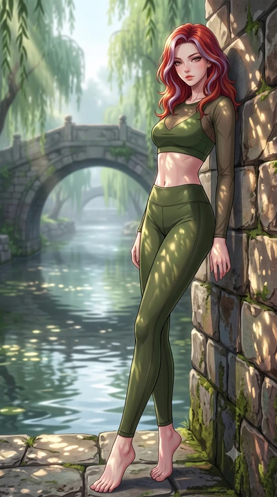 score_9, masterpiece, best quality, ultra-detailed, high-budget anime keyframe, tasteful artistic composition, Caucasian woman. low angle full-body shot from head to toe showing her feet, filling the entire 9:16 vertical frame with her statuesque pre