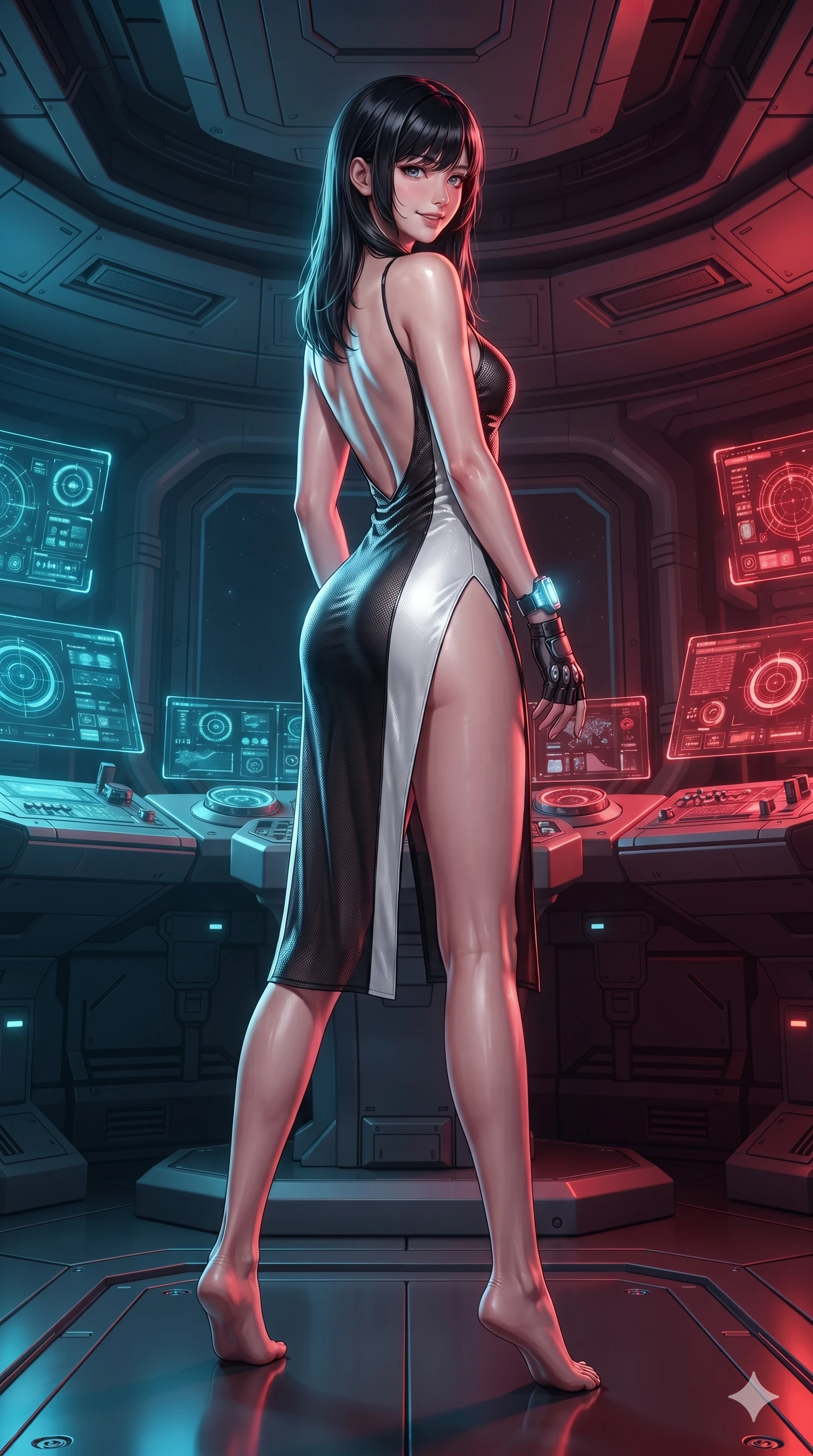 score_9, masterpiece, best quality, ultra-detailed, high-budget anime keyframe, editorial fashion photography, tasteful artistic composition, Caucasian woman. low angle full-body shot from head to toe showing her feet, filling the entire 9:16 vertical frame with her statuesque presence, stretching her vertical silhouette. posing in a classic haute-couture S-curve stance beside the panoramic viewport, looking over a bare shoulder with magnetic presence while standing poised on the central instrumentation dais, arching her spine with sovereign ancient-future grace as relativistic blue-shifted light on one side and red-shifted light on the other illuminate her body. The surrounding environment is rendered in vivid detail and crisp panoramic clarity: sharp sensor lens housings, precision superconducting magnetic coils, and polished chrome console dials in deep focus. She has an absolutely perfect, statuesque 8.5-heads proportion, an exceptionally tall and slender model-like female figure with impossibly long slender legs, an ultra-slim waist, a flat toned midriff, narrow delicate ribcage, and beautifully sculpted feminine hips creating a graceful, slim hourglass silhouette without any bulky heaviness. sharp v-shaped jawline, high-bridge nose, intricate jewel-like sparkling eyes with depth, thick eyelashes, glossy parted lips with a natural sheen, bright confident smile with an enchanting and coquettish sensual glint, exuding both youthful magnetic charm and sovereign high-tech allure, flawlessly proportioned anatomical accuracy, strict slender model proportions, natural body alignment, perfectly sculpted long slender limbs, ultra-slim waistline, clean dynamic posture without body distortion. wearing a form-contouring gossamer cyber-chiffon flight slip with a hip-high slit and open cowl back clinging with dewy moisture in dual-tone high-contrast monochrome black and stark white, crafted from stretch micro-mesh with liquid foil coating that shimmers with every movement, complemented by fingerless armored tactical gloves and a glowing holographic wrist terminal, the glove-like clinging cut tightly following the natural contour of her hips and long slender legs with youthful 8.5-heads elegance. bathed in dramatic split relativistic lighting: blazing electric cyan on the approaching side and fiery crimson on the receding side. ultra-reflective glossy finish, specular highlights, rich textural contrasts, high-contrast stereoscopic depth, volumetric dynamic lighting, 2k, ultra detail, master piece, 9:16 ratio