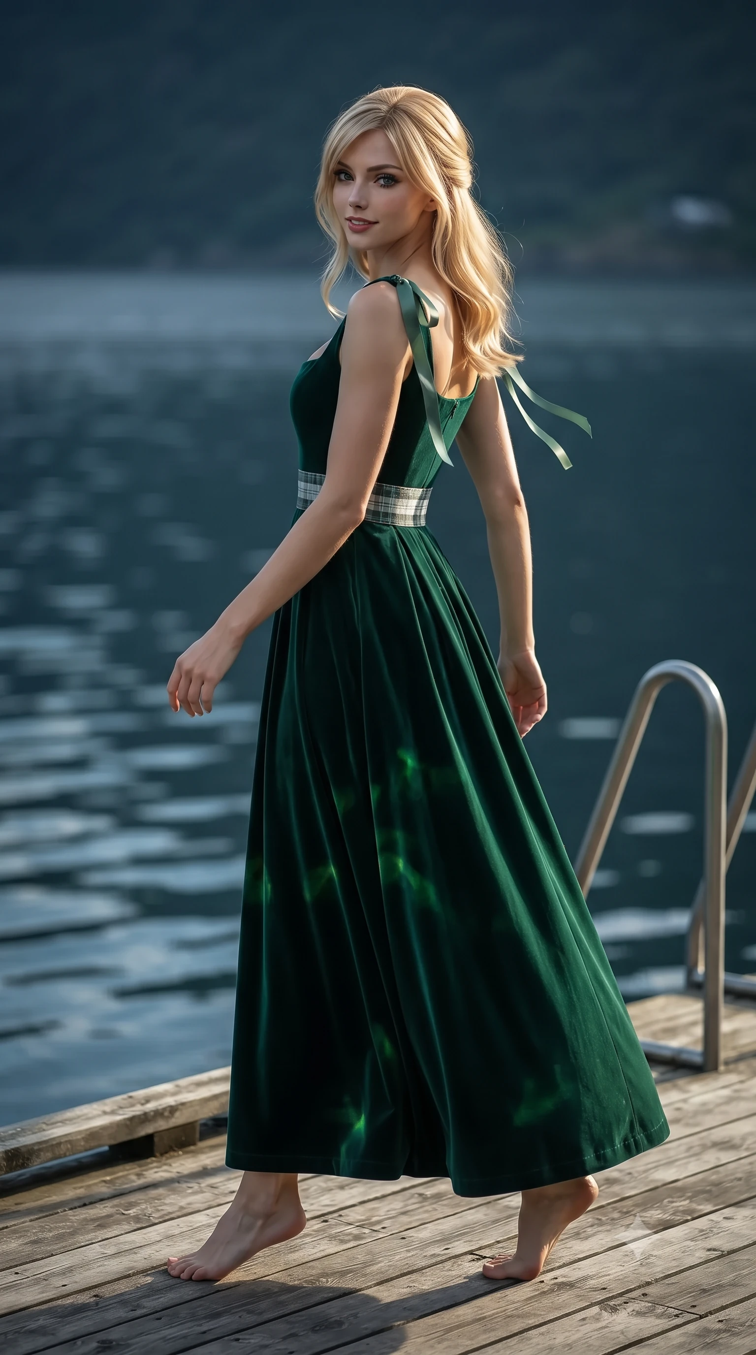 score_9, masterpiece, best quality, ultra-detailed, high-budget anime keyframe, editorial fashion photography, tasteful artistic composition, Caucasian woman. low angle full-body shot from head to toe showing her feet, filling the entire 9:16 vertical frame with her statuesque presence, stretching her vertical silhouette. walking along the terrace with poise, looking back over her bare shoulder with an irresistible smoldering bedroom-gaze while twisting her slender torso in an alluring contrapposto stance beside the private lake ladder, golden sunbeams and emerald fjord caustics tracing her flat midriff and hips. The background shows a soft-focus gentle midnight fjord water ripples softened in iconic Arctic Norwegian shallow focus. She has an exceptionally tall and slender model-like 8.5-heads proportion, an ultra-slim waist, a flat toned midriff, narrow delicate ribcage, and beautifully sculpted feminine hips creating a graceful, slim hourglass silhouette without any bulky heaviness, with impossibly long slender legs. sharp v-shaped jawline, high-bridge nose, intricate jewel-like sparkling eyes with depth, thick eyelashes, glossy parted lips with a natural peach sheen, bright cheerful beaming smile with an enchanting and coquettish sensual glint, exuding both youthful cute charm and seductive allure, flawlessly proportioned anatomical accuracy, strict slender model proportions, natural body alignment, perfectly sculpted long slender limbs, ultra-slim waistline, clean dynamic posture without body distortion. wearing a classical Scottish Victorian velvet evening gown with modest square neckline and tartan sash in Art Nouveau malachite green and antique starlight silver, tailored from ultra-plush silk velvet with rich tactile depth and deep shadow gradients, finished with satin ribbon ties at the shoulders fluttering in the gentle breeze, the impeccably tailored cut draping gracefully along her slender figure with aristocratic poise. illuminated by fjord water specular bounce and sharp gold-emerald dual rim lights sculpting her razor-sharp jawline, narrow waist, and curvy hips. ultra-reflective glossy finish, specular highlights, rich textural contrasts, high-contrast stereoscopic depth, volumetric dynamic lighting, 2k, ultra detail, master piece, 9:16 ratio