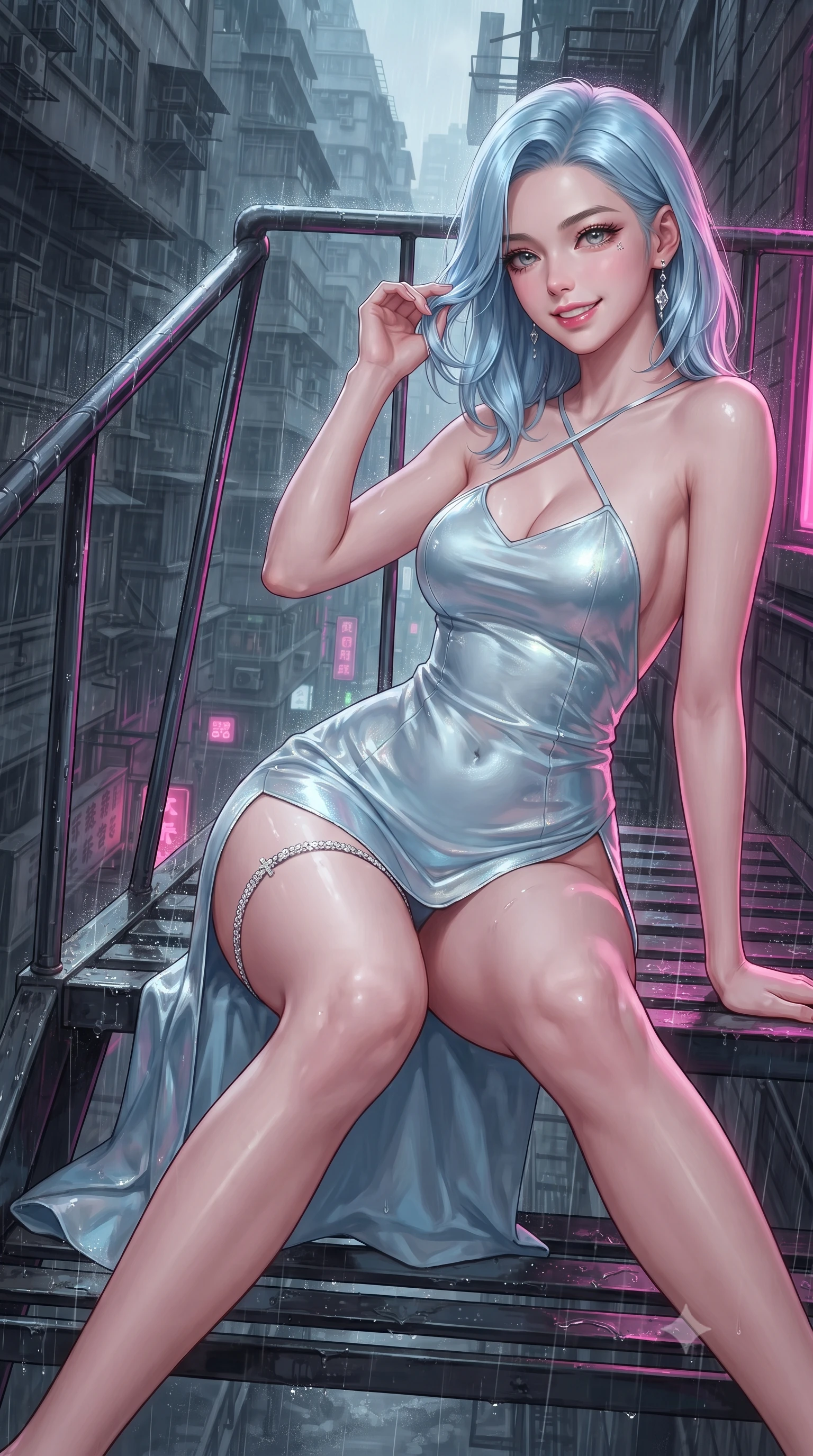 score_9, masterpiece, best quality, ultra-detailed, high-budget anime keyframe, editorial fashion photography, tasteful artistic composition, Korean woman. close-up cowboy shot from the waist and thighs up, the character dominates the composition, filling the frame with her large presence. gently brushing a lock of hair behind her ear while casting a playful, flirtatious side-gaze with long eyelashes while reclining gracefully on the sheltered neon-lit fire escape landing with legs extended, displaying her long slender limbs and statuesque hourglass silhouette amid rain-washed cyber-chaos. The surrounding environment is rendered in vivid detail and crisp panoramic clarity: detailed tactical trench coat tailoring, wet patent leather sheen, and gritty hyper-dense urban architecture in razor-sharp precision. She has an exceptionally elegant, slender, and willowy female figure with an ultra-slim waist, flat toned midriff, narrow ribcage, and sculpted feminine hips creating an alluring, slim hourglass silhouette without bulk. sharp v-shaped jawline, high-bridge nose, intricate jewel-like sparkling eyes with depth, thick eyelashes, glossy parted lips with a natural peach sheen, bright cheerful beaming smile with an enchanting and coquettish sensual glint, exuding both youthful cute charm and seductive allure, flawlessly proportioned anatomical accuracy, strict slender model proportions, natural body alignment, perfectly sculpted long slender limbs, ultra-slim waistline, clean dynamic posture without body distortion. wearing a backless liquid foil flight mini dress with criss-cross spinal straps and daring high side slit in arctic cryo-glacier ice blue and platinum white, crafted from fluid liquid silk satin that clings smoothly to her narrow waist and rounded hips with a dewy sheen, finished with delicate crystal-encrusted thigh garter straps glinting in the dim light, the liquid-tight tailored fabric clinging flawlessly to her narrow waist and rounded feminine hips, emphasizing every millimeter of her sculpted slim hourglass curves without any bulky heaviness. illuminated by wet metal reflection bounce and sharp neon-magenta rim lights defining her razor-sharp jawline, narrow waist, and curvy hips. ultra-reflective glossy finish, specular highlights, rich textural contrasts, high-contrast stereoscopic depth, volumetric dynamic lighting, 2k, ultra detail, master piece, 9:16 ratio