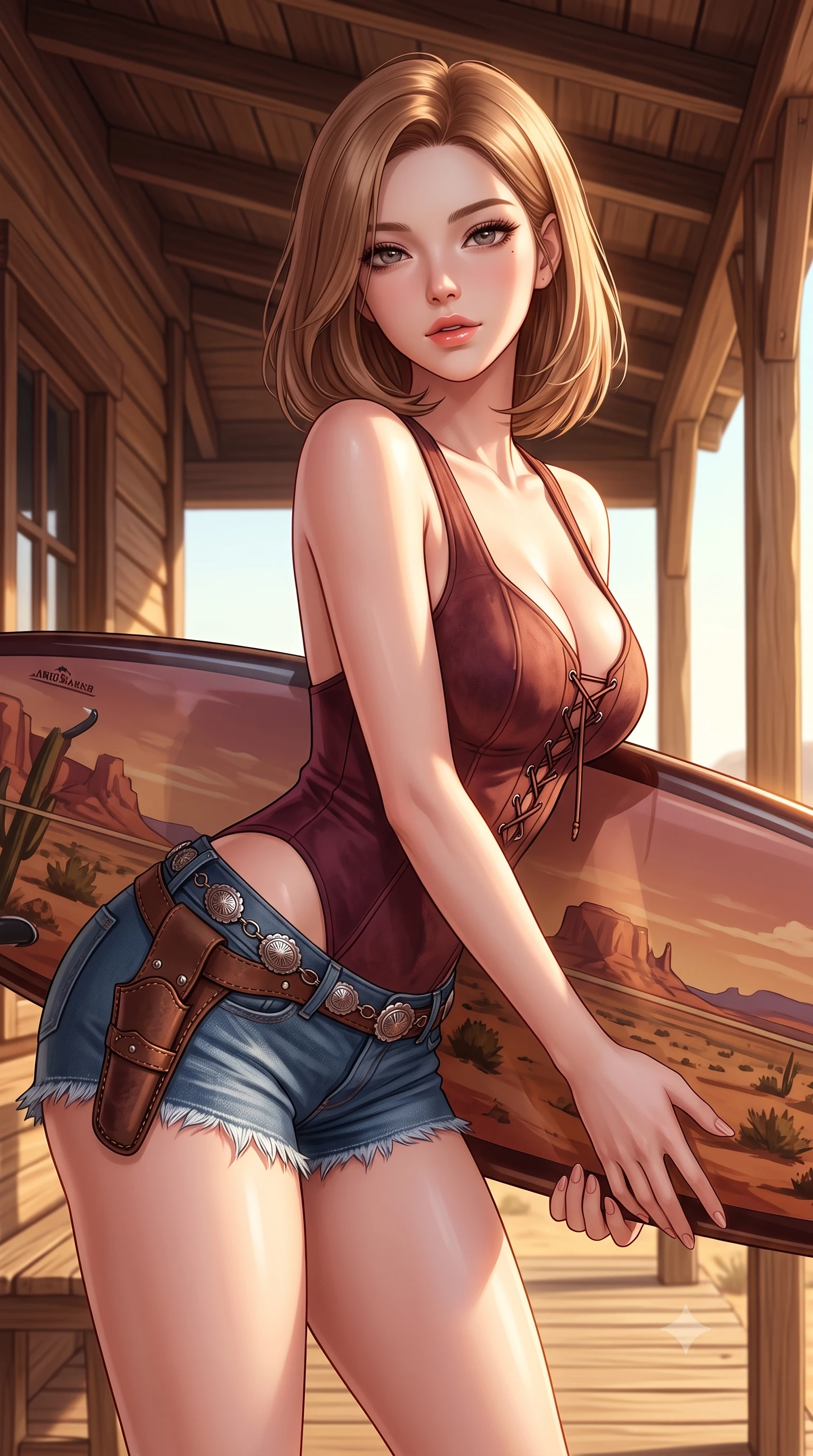 score_9, masterpiece, best quality, ultra-detailed, high-budget anime keyframe, semi-realistic 3D game render, editorial fashion photography, tasteful artistic composition, Korean woman. close-up cowboy shot from the waist and thighs up, the character dominates the composition, filling the frame with her large presence. leaning forward while arching her lower back to accentuate her curvy hips, looking into the camera with an intoxicating smoldering gaze and bedroom-eyes while twisting her slender torso in an alluring contrapposto stance, dry desert breeze molding her form-fitting outfit to her hourglass curves. The surrounding environment is rendered in vivid detail and crisp panoramic clarity: detailed denim cutoff fray, leather holster stitching, and historic frontier timber framing in high resolution. She has an exceptionally elegant, slender, and willowy female figure with an ultra-slim waist, flat toned midriff, narrow ribcage, and sculpted feminine hips creating an alluring, slim hourglass silhouette without bulk. sharp v-shaped jawline, high-bridge nose, sparkling eyes with hypnotic seductive depth, thick curled eyelashes, glossy parted lips with a natural dewy peach sheen, alluring bedroom-eyes with an enchanting coquettish smile, exuding magnetic siren charisma and sophisticated glamour, flawlessly proportioned anatomical accuracy, strict slender model proportions, natural body alignment, perfectly sculpted long slender limbs, ultra-slim waistline, clean dynamic posture without body distortion. wearing a plunging lace-up suede bustier top paired with ultra-short frayed denim cutoffs and a silver concho waist chain in smoky bordeaux wine and gilded copper, tailored from second-skin technical compression neoprene with athletic curve-sculpting stretch, accented with a custom high-gloss tinted surfboard held lightly with one hand, the precision-cut side openings and low-back scoop framing her graceful spine and the sensual sweep of her slim, toned hips. bathed in late afternoon golden sunlight filtering horizontally under the timber porch eaves. highly saturated vibrant anime colors, detailed shading with soft gradients, rich glossy textures, high-contrast stereoscopic depth, volumetric dynamic lighting, master piece, 9:16 ratio