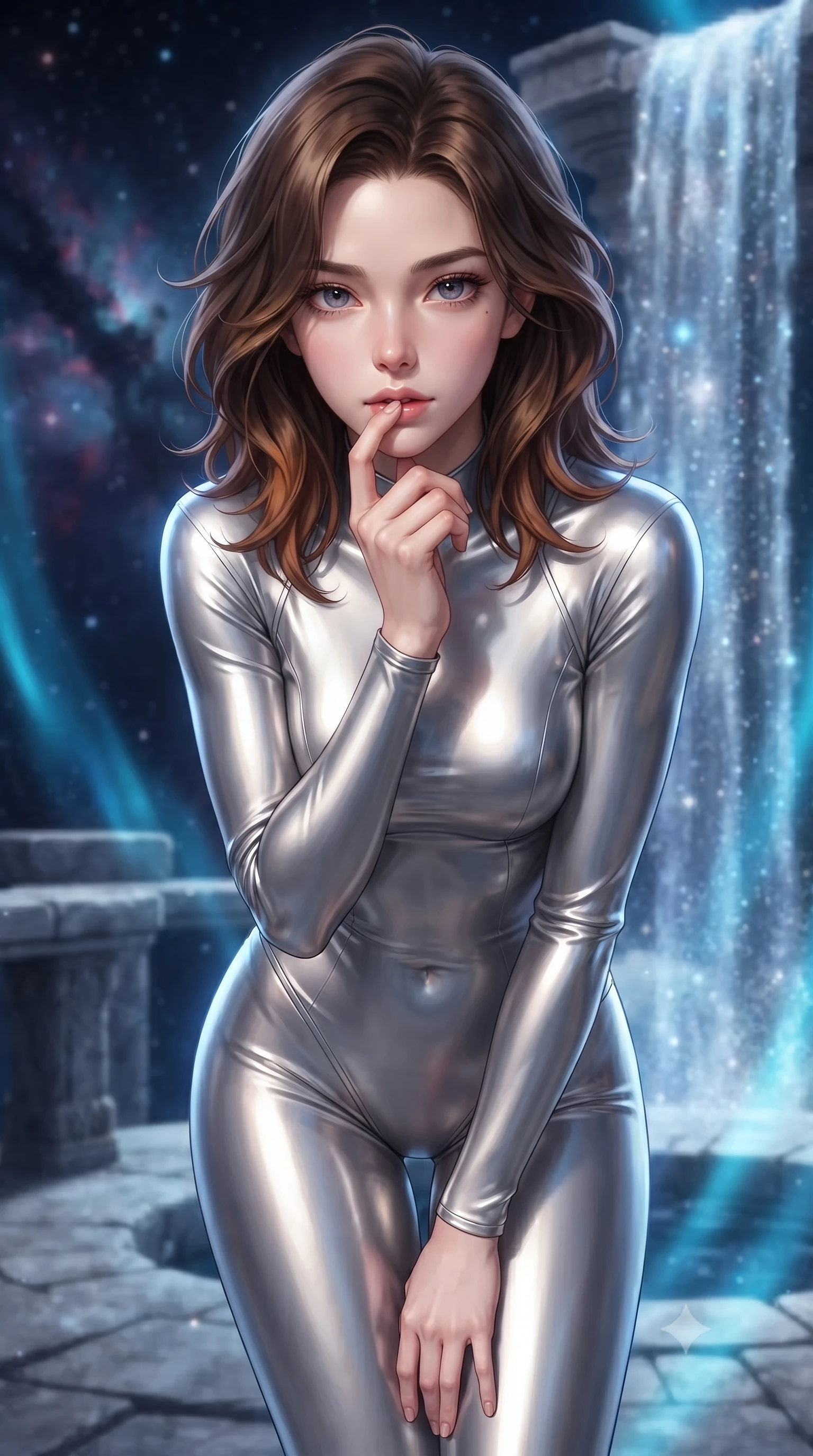 score_9, masterpiece, best quality, ultra-detailed, high-budget anime keyframe, editorial fashion photography, tasteful artistic composition, Korean woman. close-up cowboy shot from the waist and thighs up, the character dominates the composition, filling the frame with her large presence, background elements kept in soft focus. pressing one finger to her bottom lip in a thoughtful, composed gesture, locking eyes with the viewer, the background shows a soft-focus a floating stone terrace next to a cascading waterfall of stardust energy. She has an exceptionally elegant, slender, and willowy female figure with an ultra-slim waist, a gracefully sculpted slender torso, and a refined silhouette. sharp v-shaped jawline, high-bridge nose, intricate jewel-like eyes with depth, thick eyelashes, glossy lips with a natural sheen. wearing a form-contouring form-contouring liquid silver space flight under-suit, contouring her athletic, slender build. shifting blue aurora curtains wrapping her silhouette in a cosmic rim light. ultra-reflective glossy finish, specular highlights, metallic sheen, high-contrast stereoscopic depth, volumetric dynamic lighting, 2k, ultra detail, master piece, 9:16 ratio