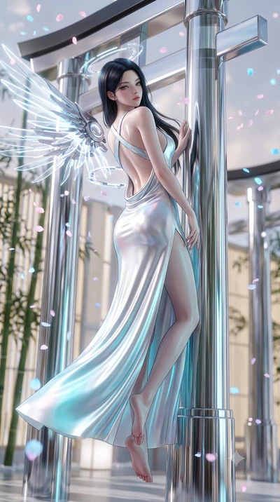 score_9, masterpiece, best quality, ultra-detailed, high-budget anime keyframe, editorial fashion photography, tasteful artistic composition, Korean woman. low angle full-body shot from head to toe showing her feet, filling the entire 9:16 vertical f