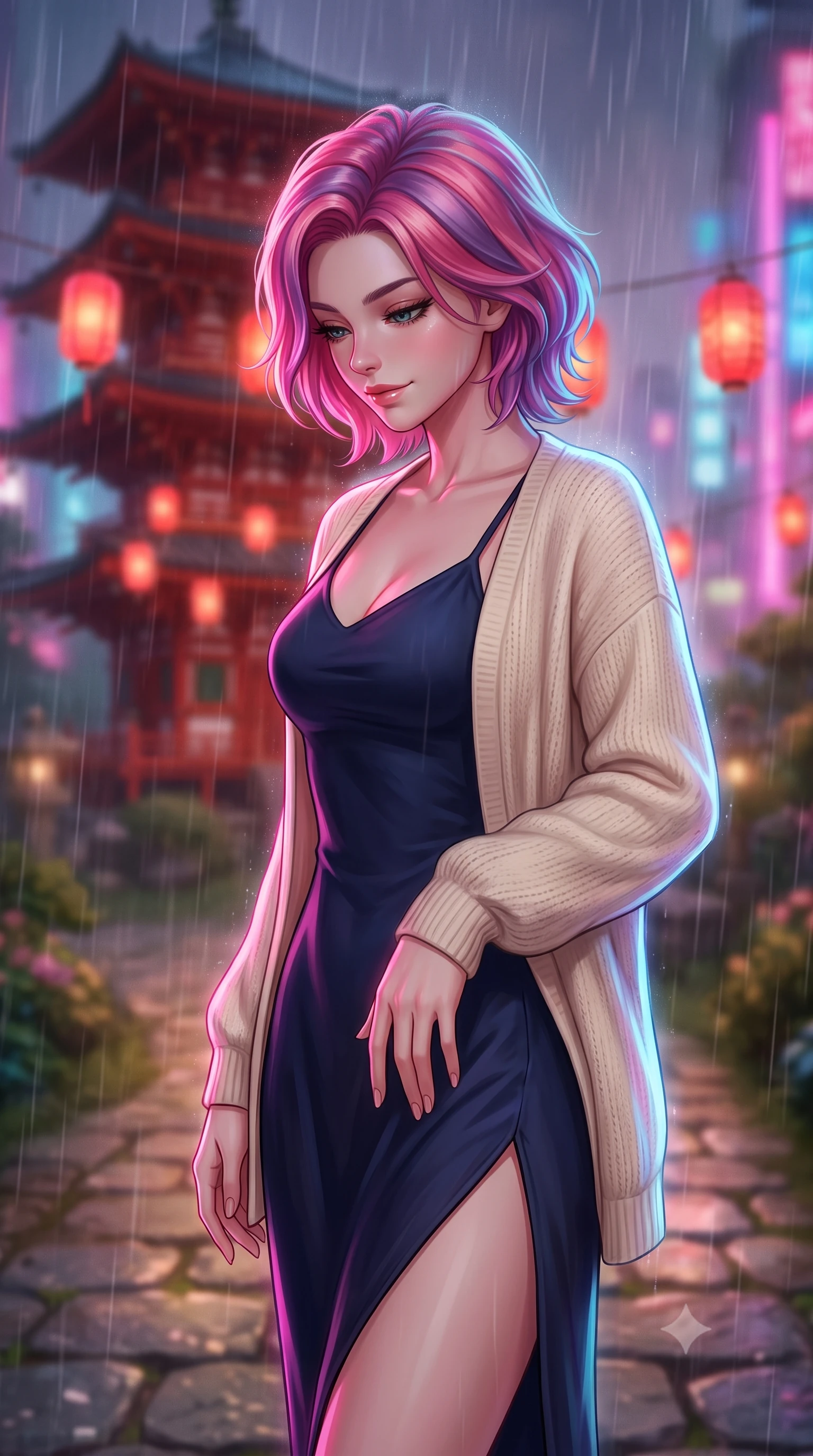score_9, masterpiece, best quality, ultra-detailed, high-budget anime keyframe, editorial fashion photography, tasteful artistic composition, Caucasian woman, strictly human ears. close-up cowboy shot from the waist and thighs up, the character dominates the composition, filling the frame with her large presence, background elements kept in soft focus. Looking down with a gentle, thoughtful smile full of quiet warmth. set against a soft-focus background of on a stone path of a garden during a heavy warm summer rain shower, looking at a tall red wooden pagoda with floating red paper lanterns. She has an exceptionally elegant, slender, and willowy female figure with a highly-defined ultra-slim waist, a gracefully sculpted slender torso, and a refined slim-fit silhouette that contours her form. sharp v-shaped jawline, high-bridge nose, intricate jewel-like eyes with depth, thick eyelashes, glossy lips with a natural sheen. wearing a deep navy slip dress with a high side thigh slit, layered under a soft cream knit cardigan. brilliant cinematic volumetric lighting with intense neon rim light outlining her form. 2k, ultra detail, master piece, 9:16 ratio