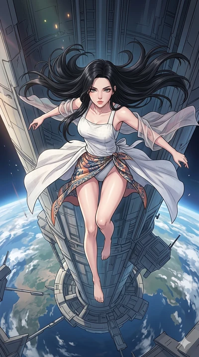 score_9, masterpiece, best quality, ultra-detailed, high-budget anime movie keyframe, cinematic anime lighting, intricate line art, Korean anime girl. Extreme high angle shot as she leaps towards the camera, filling the frame. escaping a collapsing s