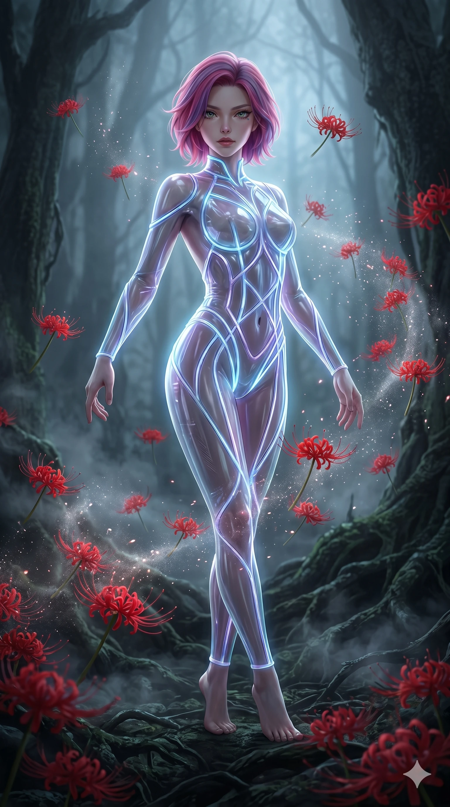 score_9, masterpiece, best quality, ultra-detailed, High-budget Anime Keyframe, East Asian woman. Low angle cowboy shot filling the entire 9:16 frame with her statuesque presence. Scenario 275: Dancing amidst falling red spider lilies in a misty dark forest. Her presence is magnetic and overpowering in this high-budget anime scene. Outfit 275: A translucent PVC bare with a backless design and glowing LED seams. The clothing is designed to emphasize her exceptionally tall and slender 8-heads proportion. 8-heads proportion, towering silhouette, ultra-slim waist. sharp v-shaped jawline, intricate jewel-like eyes with depth, thick eyelashes, glossy lips. 2k, ultra detail, master piece, 9:16 ratio