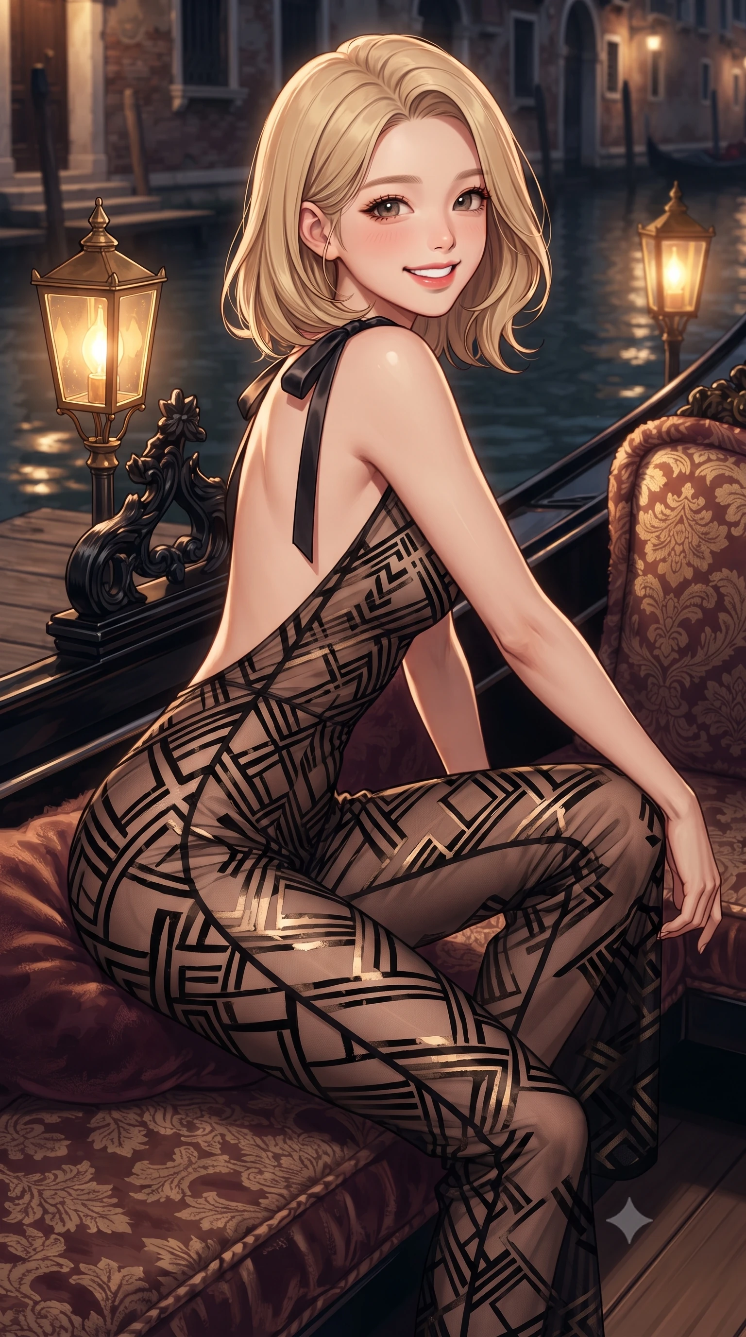 score_9, masterpiece, best quality, ultra-detailed, high-budget anime keyframe, editorial fashion photography, tasteful artistic composition, Korean woman. close-up cowboy shot from the waist and thighs up, the character dominates the composition, filling the frame with her large presence. perched sideways on the lounge seat, one knee drawn up to showcase her slender leg line while her arched back accentuates her feminine hip curve while twisting her slender torso in an alluring contrapposto stance, lantern light reflecting in dark canal waters across her flat midriff. The surrounding environment is rendered in vivid detail and crisp panoramic clarity: sharp carved black wood ferro prow decorations, weathered wood pontoon planks, and woven damask textile patterns in deep focus. She has an exceptionally elegant, slender, and willowy female figure with an ultra-slim waist, flat toned midriff, narrow ribcage, and sculpted feminine hips creating an alluring, slim hourglass silhouette without bulk. sharp v-shaped jawline, high-bridge nose, intricate jewel-like sparkling eyes with depth, thick eyelashes, glossy parted lips with a natural peach sheen, bright cheerful beaming smile with an enchanting and coquettish sensual glint, exuding both youthful cute charm and seductive allure, flawlessly proportioned anatomical accuracy, strict slender model proportions, natural body alignment, perfectly sculpted long slender limbs, ultra-slim waistline, clean dynamic posture without body distortion. wearing a backless sheer illusion mesh jumpsuit with strategic geometric flocking tracing her long slender leg lines in midnight noir obsidian black and pure champagne gold, crafted from translucent silk organza with an ethereal crystalline sheen, finished with satin ribbon ties at the shoulders fluttering in the gentle breeze, the form-contouring silhouette accentuating her sculpted flat midriff, narrow delicate ribcage, and gracefully curvy hips with intoxicating allure. bathed in the warm dancing 2400K incandescent glow of brass gondola lanterns reflecting in rippling water. ultra-reflective glossy finish, specular highlights, rich textural contrasts, high-contrast stereoscopic depth, volumetric dynamic lighting, 2k, ultra detail, master piece, 9:16 ratio