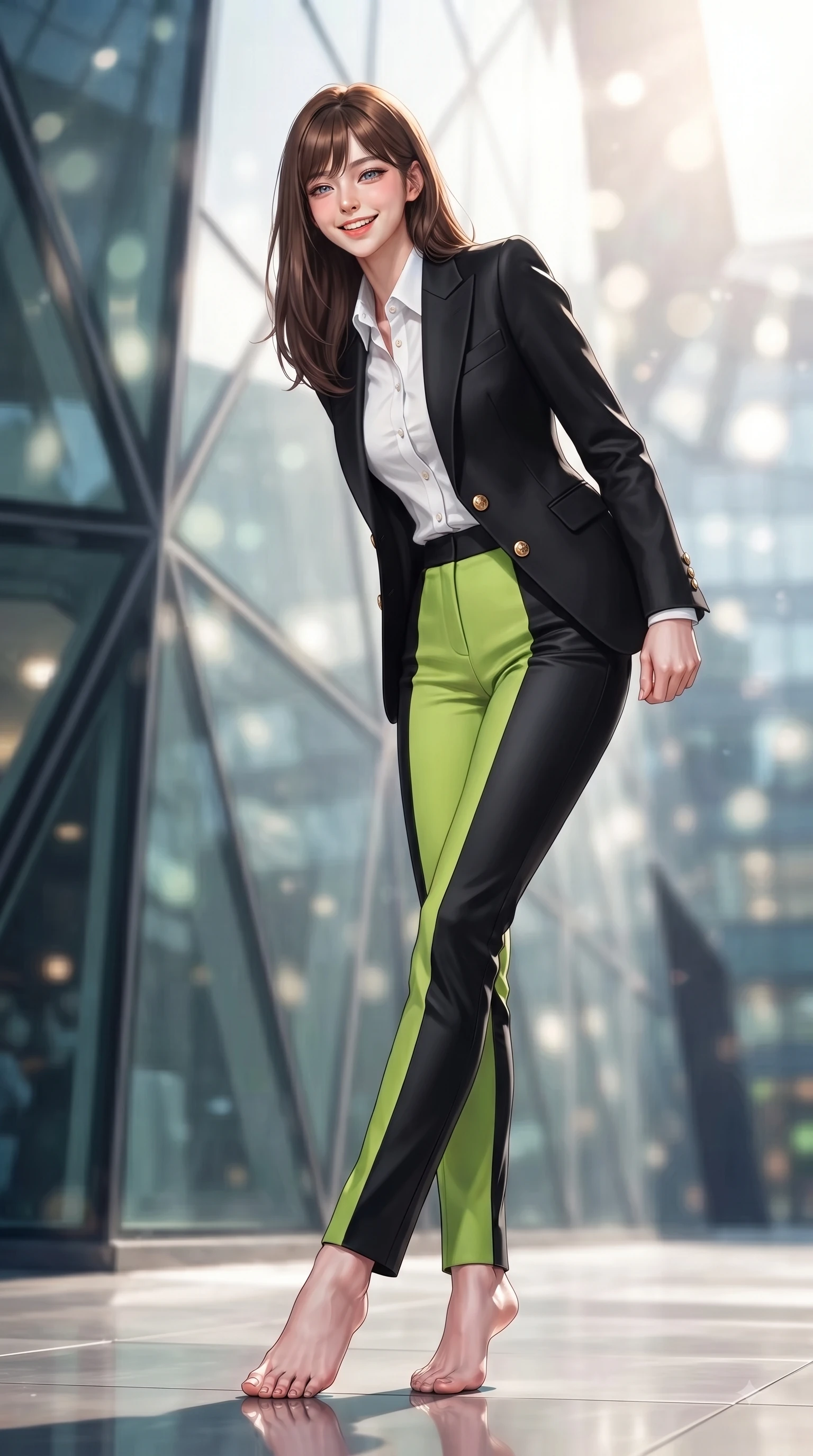 score_9, masterpiece, best quality, ultra-detailed, high-budget anime keyframe, editorial fashion photography, tasteful artistic composition, Korean woman. low angle full-body shot from head to toe showing her feet, filling the entire 9:16 vertical frame with her statuesque presence, stretching her vertical silhouette. Playful cute grin with eyes crinkling in pure girlhood delight, leaning forward with adorable energy while pivoting dynamically near a towering geometric glass facade with intense sunlight filtering through. The composition keeps background elements in soft focus with dreamy bokeh. high-tech architectural lines blurring seamlessly into a soft-focus backdrop. She has an absolutely perfect, statuesque 8.5-heads proportion, an exceptionally tall and slender model-like female figure with impossibly long slender legs and an ultra-slim waist. sharp v-shaped jawline, high-bridge nose, intricate jewel-like eyes with depth, thick eyelashes, glossy lips with a natural sheen, flawlessly proportioned anatomical accuracy, natural body alignment, perfectly sculpted elegant limbs, clean dynamic posture without body distortion. wearing a sleek jet black tailored blazer over a crisp white button-down and trousers in bright lime green and sleek jet black, tailored from structured wool crepe with clean lines, finished with gold metallic hardware buttons along the front, the form-contouring material accentuating her ultra-slim waist and long lines. surrounded by a high-end, luxury architectural fashion aesthetic. ultra-reflective glossy finish, specular highlights, metallic sheen, high-contrast stereoscopic depth, volumetric dynamic lighting, 2k, ultra detail, master piece, 9:16 ratio