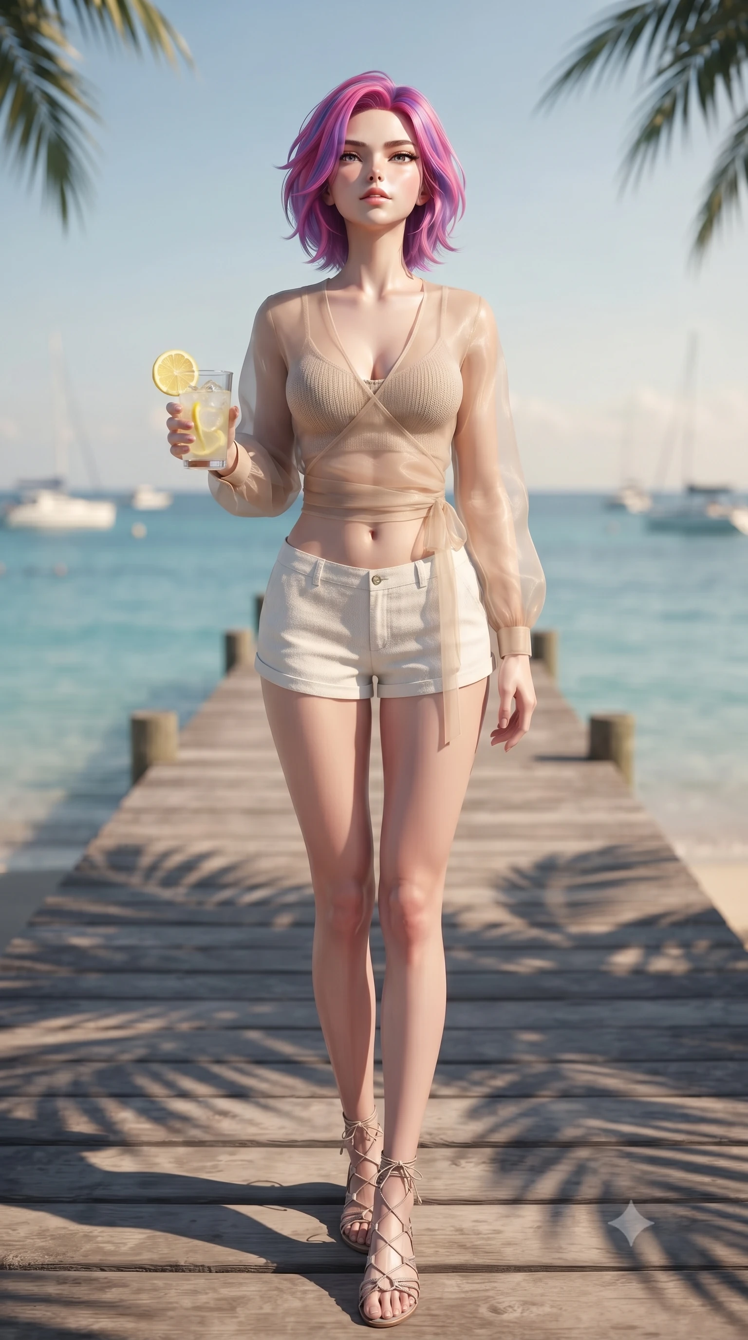 score_9, masterpiece, best quality, ultra-detailed, high-budget anime keyframe, editorial fashion photography, tasteful artistic composition, Caucasian woman. low angle full-body shot from head to toe showing her feet, filling the entire 9:16 vertical frame with her statuesque presence, stretching her vertical silhouette. standing in a captivating power pose, tilting her chin up with a smoldering, bright expression set against a soft-focus background of on a scenic pier extending into a calm turquoise sea with views of boats holding a glass of iced lemonade with a slice of fresh lemon. She has an absolutely perfect, statuesque 8.5-heads proportion, an exceptionally tall and slender model-like female figure with impossibly long slender legs and an ultra-slim waist. sharp v-shaped jawline, high-bridge nose, intricate jewel-like eyes with depth, thick eyelashes, glossy lips with a natural sheen. wearing body-hugging sheer organza wrap top over a slim-fit knit bralette and low-cut linen shorts. soft late afternoon sunbeams casting long shadows of palm leaves on the sand. ultra-reflective glossy finish, specular highlights, metallic sheen, high-contrast stereoscopic depth, volumetric dynamic lighting, 2k, ultra detail, master piece, 9:16 ratio