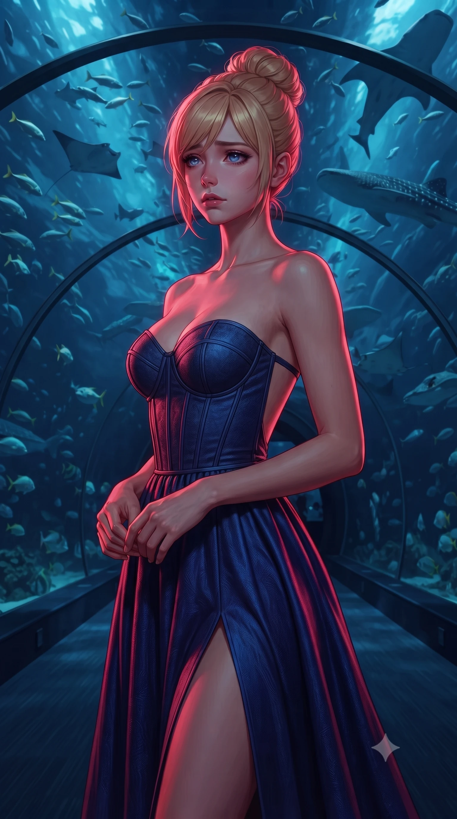 score_9, masterpiece, best quality, ultra-detailed, high-budget anime keyframe, editorial fashion photography, tasteful artistic composition, Caucasian woman, strictly human ears. close-up cowboy shot from the waist and thighs up, the character dominates the composition, filling the frame with her large presence, background elements kept in soft focus. Gazing into the distance with a wistful melancholic expression and softly glowing eyes. set against a soft-focus background of walking through a transparent acrylic tunnel in a massive deep-ocean aquarium with whale sharks manta rays and schools of tropical fish gliding silently overhead and on all sides in dark blue water. She has an exceptionally elegant and slender, willowy female figure with an ultra-slim waist, a gracefully sculpted slender torso, and a refined slim physique. sharp v-shaped jawline, high-bridge nose, intricate jewel-like eyes with depth, thick eyelashes, glossy lips with a natural sheen. wearing a structured bustier gown in deep indigo blue, featuring a boned bodice, a daring high front slit, and an open back. deep crimson theatrical lighting with sharp specular highlights on every curve. 2k, ultra detail, master piece, 9:16 ratio