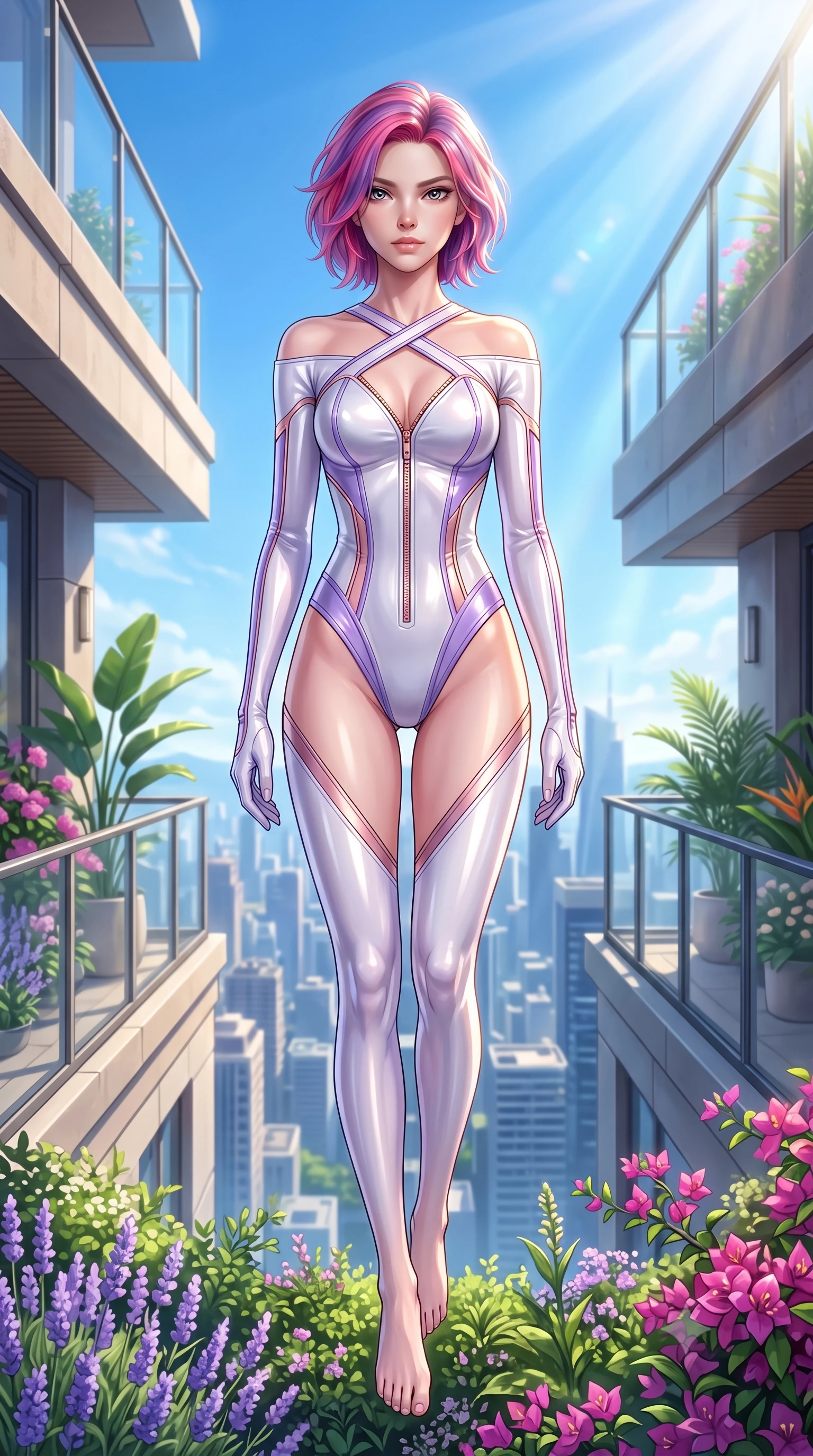 score_9, masterpiece, best quality, ultra-detailed, high-budget anime keyframe, semi-realistic 3D game render, editorial fashion photography, tasteful artistic composition, Caucasian woman. low angle full-body shot from head to toe showing her feet, filling the entire 9:16 vertical frame with her statuesque presence, stretching her vertical silhouette. performing an alluring mid-air vault with flawless poise, looking directly into the camera with smoldering intensity while standing with statuesque poise on a 120th-floor sky-garden terrace flanked by lush blooming flora and clear blue skies. The composition keeps background elements in soft focus with creamy bokeh. brilliant high-altitude sunrays scattering radiant light across a dreamy blue backdrop. She has an absolutely perfect, statuesque 8.5-heads proportion, an exceptionally tall and slender model-like female figure with impossibly long slender legs, a toned flat midriff, and an ultra-slim waist. sharp v-shaped jawline, high-bridge nose, intricate jewel-like eyes with depth, thick eyelashes, glossy lips with a natural sheen, flawlessly proportioned anatomical accuracy, strict slender model proportions, natural body alignment, perfectly sculpted long slender limbs, ultra-slim waistline, clean dynamic posture without body distortion. wearing a glossy white second-skin latex bodysuit with high-thigh cuts, exposed clavicle neckline, and gleaming zipper details in luminous lavender violet and rose gold, made of liquid metal jersey that clings flawlessly to every contour of her build, complemented by criss-cross back straps highlighting her completely bare spine, the glove-like aerodynamic second-skin fit tightly clinging to her ultra-slender waist and athletic curves without adding bulk, accentuating her razor-sharp statuesque lines and slim hourglass silhouette. surrounded by an exhilarating, elevated, and radiantly sensual rooftop garden aura. highly saturated vibrant anime colors, detailed shading with soft gradients, rich glossy textures, high-contrast stereoscopic depth, volumetric dynamic lighting, master piece, 9:16 ratio