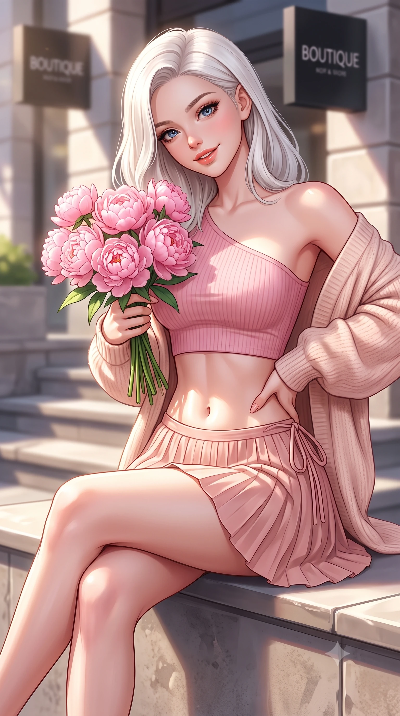 score_9, masterpiece, best quality, ultra-detailed, high-budget anime keyframe, semi-realistic 3D game render, editorial fashion photography, tasteful artistic composition, Caucasian woman. close-up cowboy shot from the waist and thighs up, the character dominates the composition, filling the frame with her large presence. tilting her head with a cute beaming smile while arching her spine with effortless dancer poise, one hand sliding along her hip line in a flirtatious S-curve while sitting perched on the boutique terrace ledge with legs crossed, holding a bouquet of fresh peonies with a radiant, coquettish expression. The composition keeps background elements in soft focus with dreamy creamy bokeh. sun-dappled stone steps and modern boutique signage softened in stylish urban shallow focus. She has an exceptionally elegant, slender, and willowy female figure with an ultra-slim waist, flat toned midriff, narrow ribcage, and sculpted feminine hips creating an alluring, slim hourglass silhouette without bulk. sharp v-shaped jawline, high-bridge nose, intricate jewel-like sparkling eyes with depth, thick eyelashes, glossy parted lips with a natural peach sheen, bright cheerful beaming smile with an enchanting and coquettish sensual glint, exuding both youthful cute charm and seductive allure, flawlessly proportioned anatomical accuracy, strict slender model proportions, natural body alignment, perfectly sculpted long slender limbs, ultra-slim waistline, clean dynamic posture without body distortion. wearing an asymmetrical one-shoulder ribbed top paired with a micro-pleated skirt with side hip ties in cherry blossom pink and soft rose gold, tailored from fine lightweight chiffon that flutters gently in the breeze, complemented by an oversized soft knit cardigan slipping off one bare shoulder, the liquid-tight tailored fabric clinging flawlessly to her narrow waist and rounded feminine hips, emphasizing every millimeter of her sculpted slim hourglass curves without any bulky heaviness. illuminated by crisp directional highlights accentuating her sculpted midriff, narrow waist, and curvy hips. highly saturated vibrant anime colors, detailed shading with soft gradients, rich glossy textures, high-contrast stereoscopic depth, volumetric dynamic lighting, master piece, 9:16 ratio