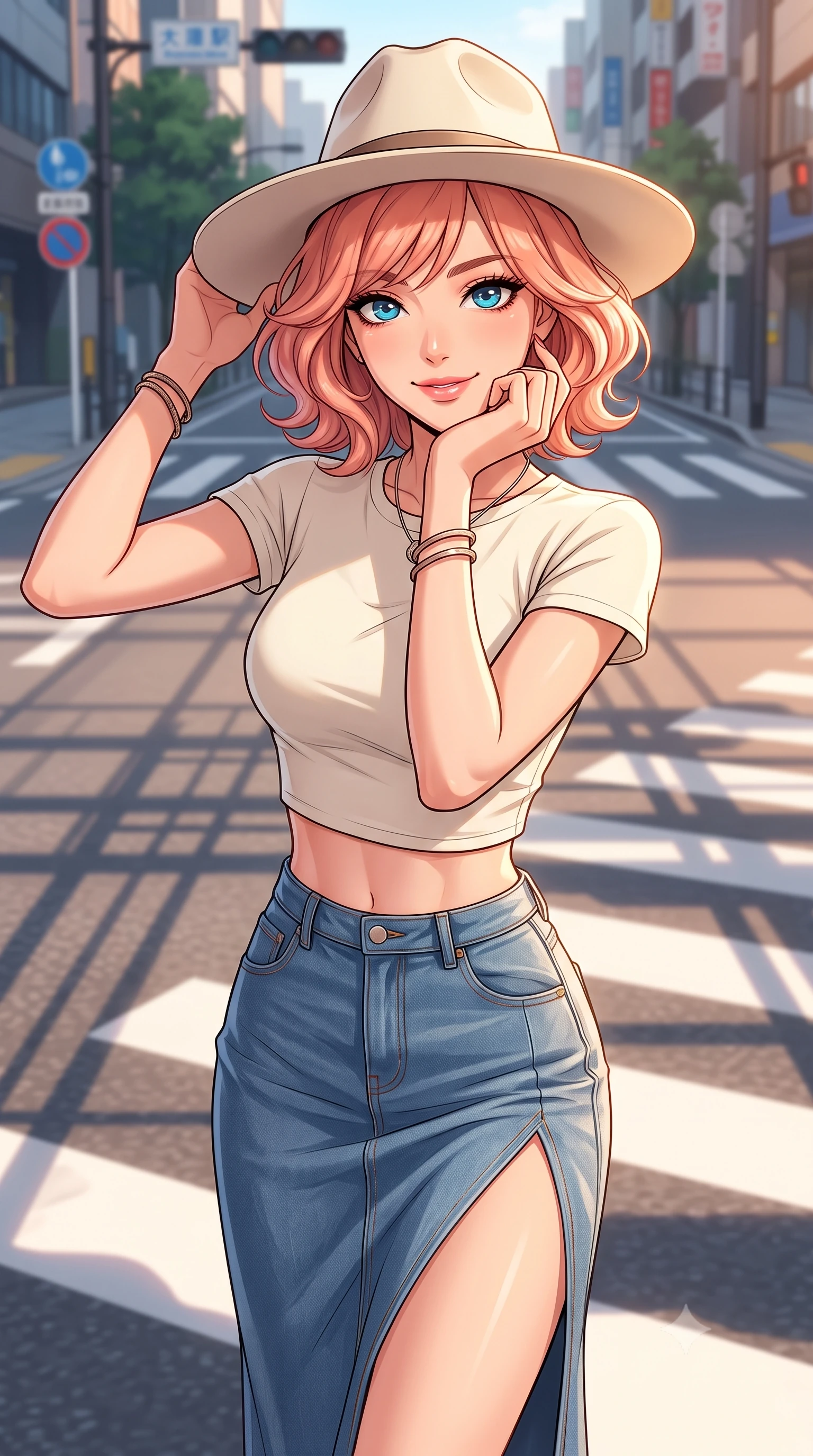 score_9, masterpiece, best quality, ultra-detailed, high-budget anime keyframe, editorial fashion photography, tasteful artistic composition, Japanese woman. close-up cowboy shot from the waist and thighs up, the character dominates the composition, filling the frame with her large presence, background elements kept in soft focus. smiling cutely while resting her chin on her hand, looking directly into the lens set against a soft-focus background of on a modern city street crossing with sleek crosswalk markings and signs adjusting her stylish hat with a bright, confident smile. She has an exceptionally elegant, slender, and willowy female figure with an ultra-slim waist, a gracefully sculpted slender torso, and a refined silhouette. sharp v-shaped jawline, high-bridge nose, intricate jewel-like eyes with depth, thick eyelashes, glossy lips with a natural sheen. wearing tailored modern crop top tee in cream, paired with a high-slit denim midi skirt. warm late afternoon sunrays casting long grid shadows across the boulevard. highly saturated vibrant anime colors, detailed shading with soft gradients, rich glossy textures, high-contrast stereoscopic depth, volumetric dynamic lighting, master piece, 9:16 ratio