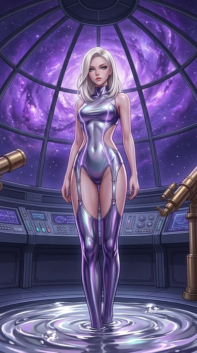 score_9, masterpiece, best quality, ultra-detailed, High-budget Anime Keyframe, Caucasian woman, strictly human ears. Low angle cowboy shot filling the entire 9:16 frame with her statuesque presence. Scenario 279: gazing at her reflection in a pool o
