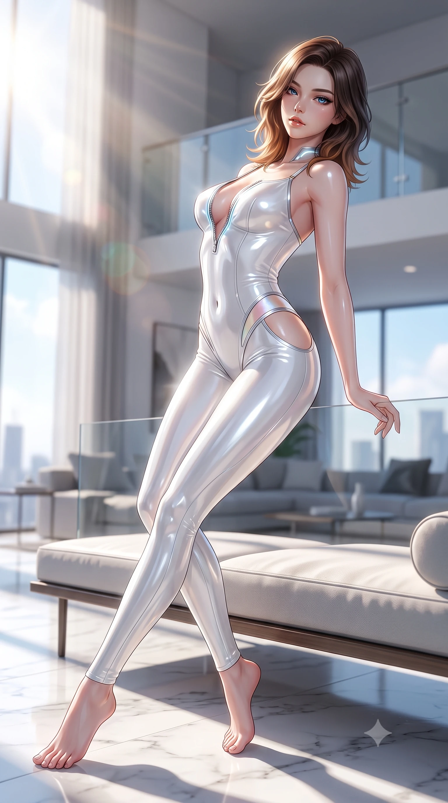 score_9, masterpiece, best quality, ultra-detailed, high-budget anime keyframe, semi-realistic 3D game render, editorial fashion photography, tasteful artistic composition, Korean woman. low angle full-body shot from head to toe showing her feet, filling the entire 9:16 vertical frame with her statuesque presence, stretching her vertical silhouette. arching her back in a fluid zero-gravity turn with sovereign grace, her long slender legs and sculpted torso creating a sweeping line while lounging seductively in a minimalist designer daybed framed by bright morning sunbeams and city sky views. The composition keeps background elements in soft focus with creamy bokeh. minimalist designer furnishings and glass railings softened by luminous shallow depth of field. She has an absolutely perfect, statuesque 8.5-heads proportion, an exceptionally tall and slender model-like female figure with impossibly long slender legs, a toned flat midriff, and an ultra-slim waist. sharp v-shaped jawline, high-bridge nose, intricate jewel-like eyes with depth, thick eyelashes, glossy lips with a natural sheen, flawlessly proportioned anatomical accuracy, strict slender model proportions, natural body alignment, perfectly sculpted long slender limbs, ultra-slim waistline, clean dynamic posture without body distortion. wearing a second-skin white liquid-mercury micro-bodysuit sculpted tightly to her slender build, featuring razor-thin metallic straps and hip cutouts in glistening liquid pearl white with rainbow opalescence, crafted from ultra-reflective second-skin latex with a high-gloss glass-like polish, featuring a dangerously unzipped neckline framed by glowing cybernetic accents, the form-contouring material adhering flawlessly to her sculpted flat midriff and slender torso, emphasizing her long leg lines and perfectly proportioned willowy build. illuminated by crisp white studio key light with specular chrome and marble reflections. highly saturated vibrant anime colors, detailed shading with soft gradients, rich glossy textures, high-contrast stereoscopic depth, volumetric dynamic lighting, master piece, 9:16 ratio