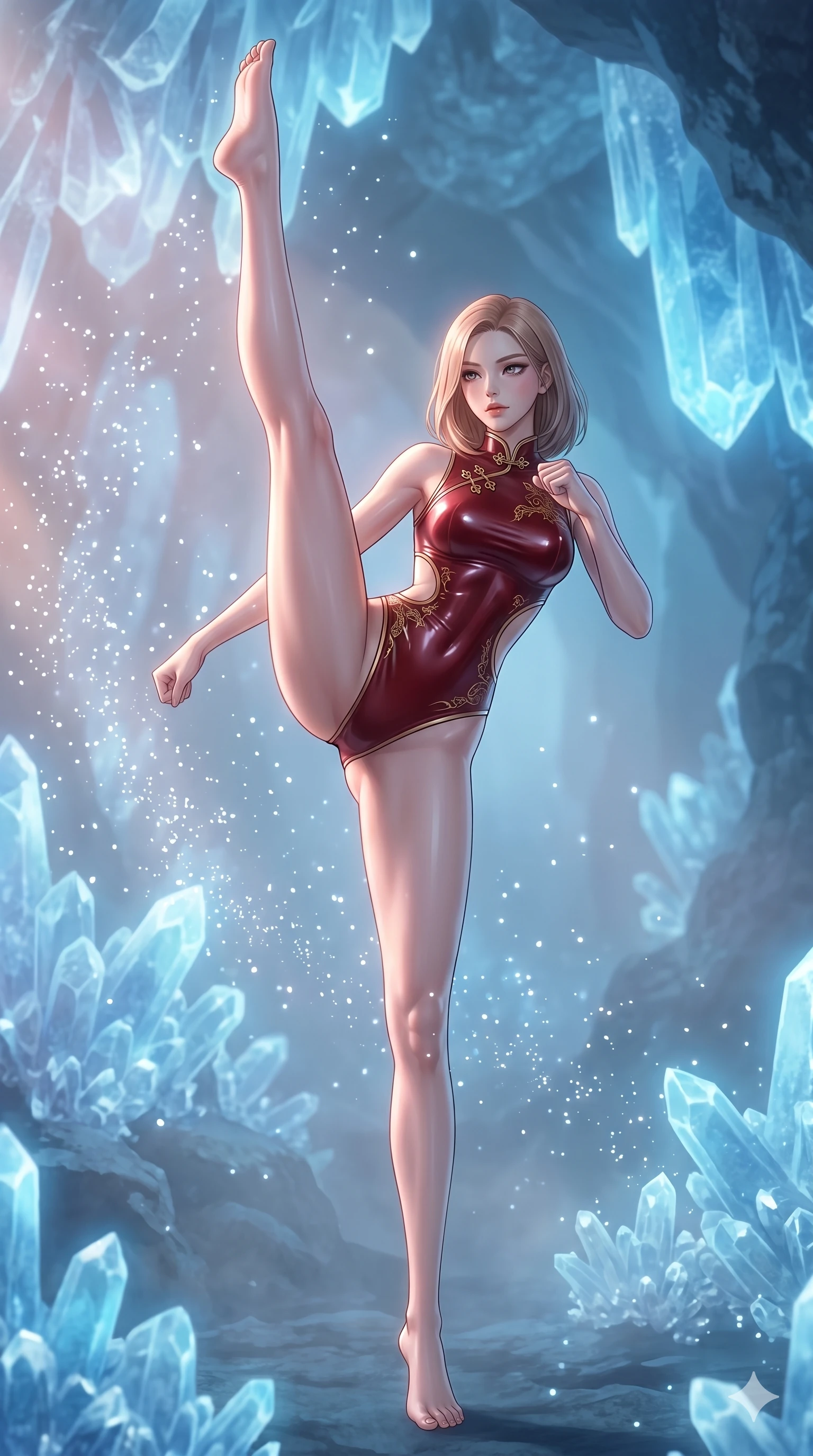 score_9, masterpiece, best quality, ultra-detailed, high-budget anime keyframe, editorial fashion photography, tasteful artistic composition, Korean woman. low angle full-body shot from head to toe showing her feet, filling the entire 9:16 vertical frame with her statuesque presence, stretching her vertical silhouette. Balancing on one leg with the other raised in a high kick position, demonstrating perfect control inside a cave of blue celestite crystals casting a soft sky-blue ambient glow, as thousands of micro-particles of light dance in the air. She has an absolutely perfect 8-heads proportion, an exceptionally tall and slender female figure with impossibly long slender legs and an ultra-slim waist. V-shaped jawline, high-bridge nose, intricate jewel-like eyes with depth, thick eyelashes, glossy lips with a natural sheen. wearing a modern qipao-inspired bodysuit in dark red latex-effect fabric with gold embroidery and side cutouts. bathed in soft rose-gold dawn light filtering through volumetric fog that wraps her silhouette. 2k, ultra detail, master piece, 9:16 ratio