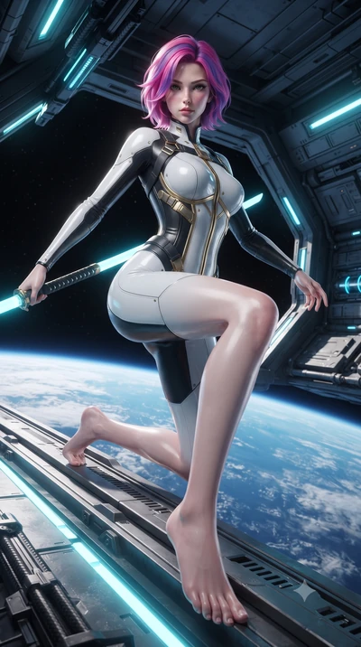 score_9, masterpiece, best quality, ultra-detailed, high-budget anime keyframe, editorial fashion photography, tasteful artistic composition, Caucasian woman. low angle full-body shot from head to toe showing her feet, filling the entire 9:16 vertica