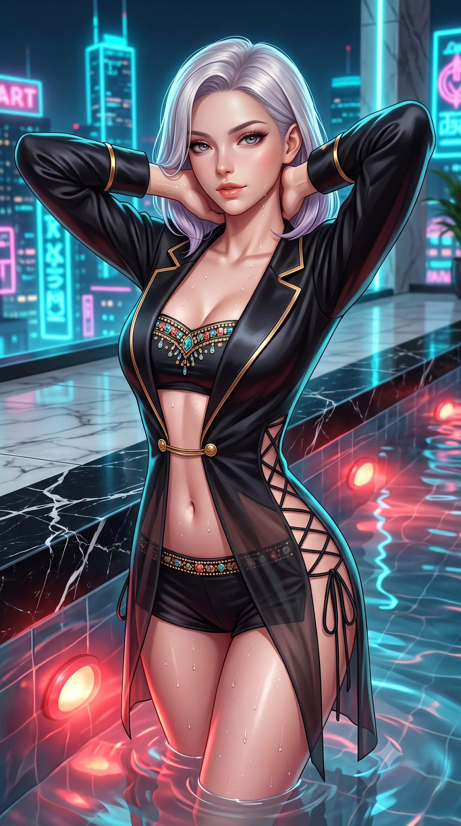 score_9, masterpiece, best quality, ultra-detailed, high-budget anime keyframe, semi-realistic 3D game render, editorial fashion photography, tasteful artistic composition, Caucasian woman. close-up cowboy shot from the waist and thighs up, the character dominates the composition, filling the frame with her large presence. resting both hands lightly behind her neck with elbows raised, arching her spine to highlight her narrow waist, flat midriff, and breathtaking collarbones while twisting her slender torso in an alluring S-curve at the water's edge, glowing underwater crimson lamps and neon city reflections tracing her curves. The surrounding environment is rendered in vivid detail and crisp panoramic clarity: sharp white calcite veins in black Marquina marble, glistening water droplets on toned dewy skin, and clear pool coping edge in deep focus. She has an exceptionally elegant, slender, and willowy female figure with an ultra-slim waist, flat toned midriff, narrow ribcage, and sculpted feminine hips creating an alluring, slim hourglass silhouette without bulk. sharp v-shaped jawline, high-bridge nose, sparkling eyes with hypnotic seductive depth, thick curled eyelashes, glossy parted lips with a natural dewy peach sheen, alluring bedroom-eyes with an enchanting coquettish smile, exuding magnetic siren charisma and sophisticated glamour, flawlessly proportioned anatomical accuracy, strict slender model proportions, natural body alignment, perfectly sculpted long slender limbs, ultra-slim waistline, clean dynamic posture without body distortion. wearing a tailored open-front satin smoking jacket worn over a jewel-embellished bandeau and micro-shorts in Shanghai Art Deco black and polished brass gold, made of sheer gossamer chiffon that drapes softly against skin with airy translucence, featuring fine criss-cross lace-up side ties revealing tantalizing glimpses of her hip curve, the high-slit wrap tailoring accentuating her ultra-slim waistline and the enchanting curve of her feminine hips with alluring seductive charm. bathed in warm underwater crimson pool illumination paired with cold neon cyan ambient skyline glow. highly saturated vibrant anime colors, detailed shading with soft gradients, rich glossy textures, high-contrast stereoscopic depth, volumetric dynamic lighting, master piece, 9:16 ratio