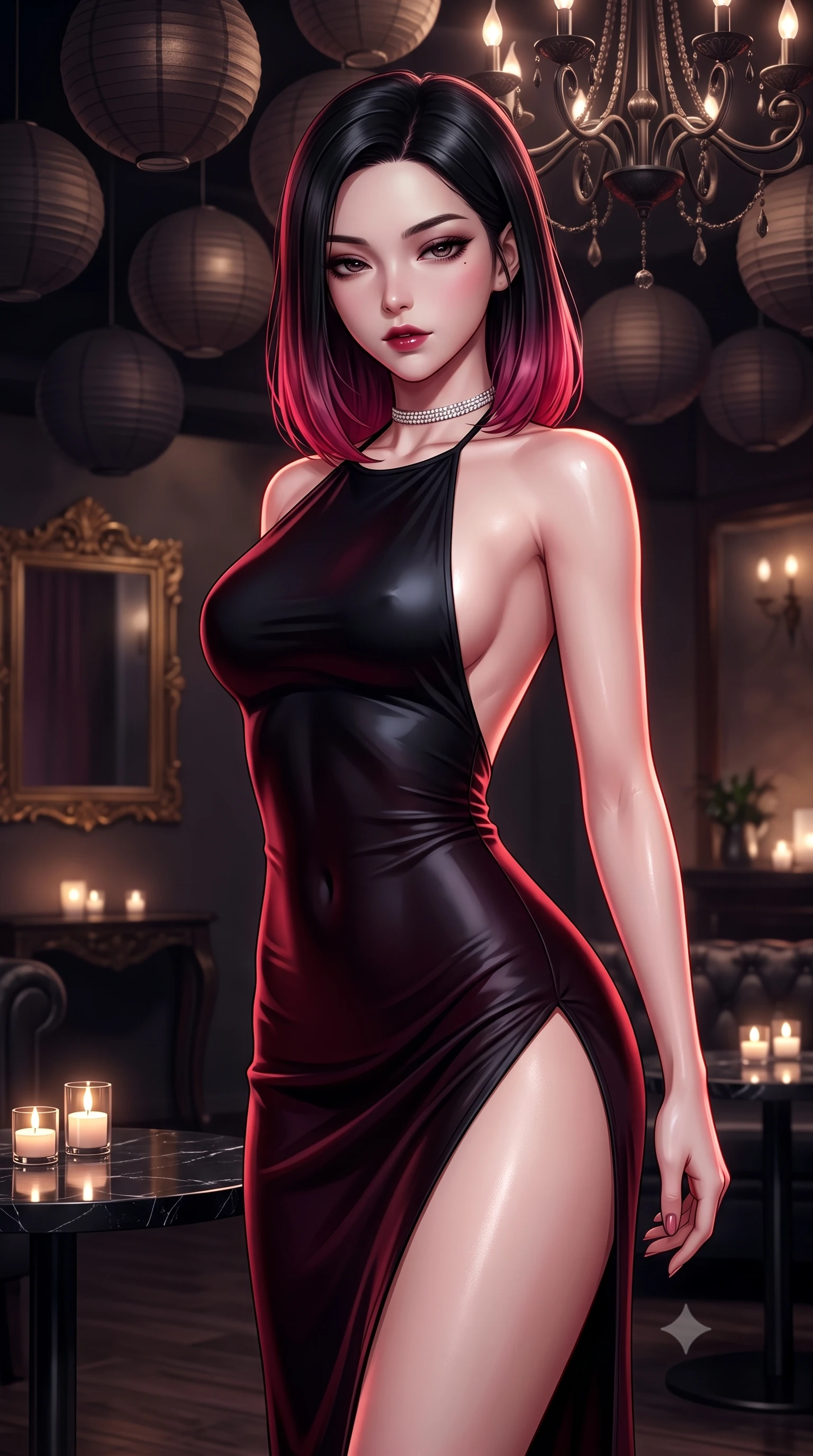 score_9, masterpiece, best quality, ultra-detailed, high-budget anime keyframe, semi-realistic 3D game render, editorial fashion photography, tasteful artistic composition, Korean woman. close-up cowboy shot from the waist and thighs up, the character dominates the composition, filling the frame with her large presence. glancing down over lowered lashes before meeting the camera with quiet, devastating intensity, her tailored outfit tracing her ultra-slim waist and hips while twisting her slender torso in an alluring contrapposto stance beneath a canopy of dark paper lanterns, her fitted outfit accentuating her hips and waist. The composition keeps background elements in soft focus with dreamy creamy bokeh. flickering tea-light candles on black marble tables softened in moody lounge shallow focus. She has an exceptionally elegant, slender, and willowy female figure with an ultra-slim waist, flat toned midriff, narrow ribcage, and sculpted feminine hips creating an alluring, slim hourglass silhouette without bulk. sharp v-shaped jawline, high-bridge nose, intricate jewel-like dark sparkling eyes with dangerous depth, thick curled eyelashes, glossy parted lips with a rich wine sheen, smoldering seductive half-smile with bedroom-eyes, exuding effortless superiority and intoxicating dark allure, flawlessly proportioned anatomical accuracy, strict slender model proportions, natural body alignment, perfectly sculpted long slender limbs, ultra-slim waistline, clean dynamic posture without body distortion. wearing a backless liquid jet-black halter slip dress with a thigh-high side slit ascending to the high hip in deep wine burgundy and lustrous obsidian, made of liquid-tight stretch jersey emphasizing every curve of her body, finished with a delicate diamond choker catching the chandelier light, the form-contouring cut accentuating her sculpted flat midriff, narrow delicate ribcage, and gracefully curvy hips with sovereign high-fashion precision. illuminated by sharp specular highlights on skin and dark scarlet rim light sculpting her sculpted midriff, narrow waist, and curvy hips. highly saturated vibrant anime colors, detailed shading with soft gradients, rich glossy textures, high-contrast stereoscopic depth, volumetric dynamic lighting, master piece, 9:16 ratio