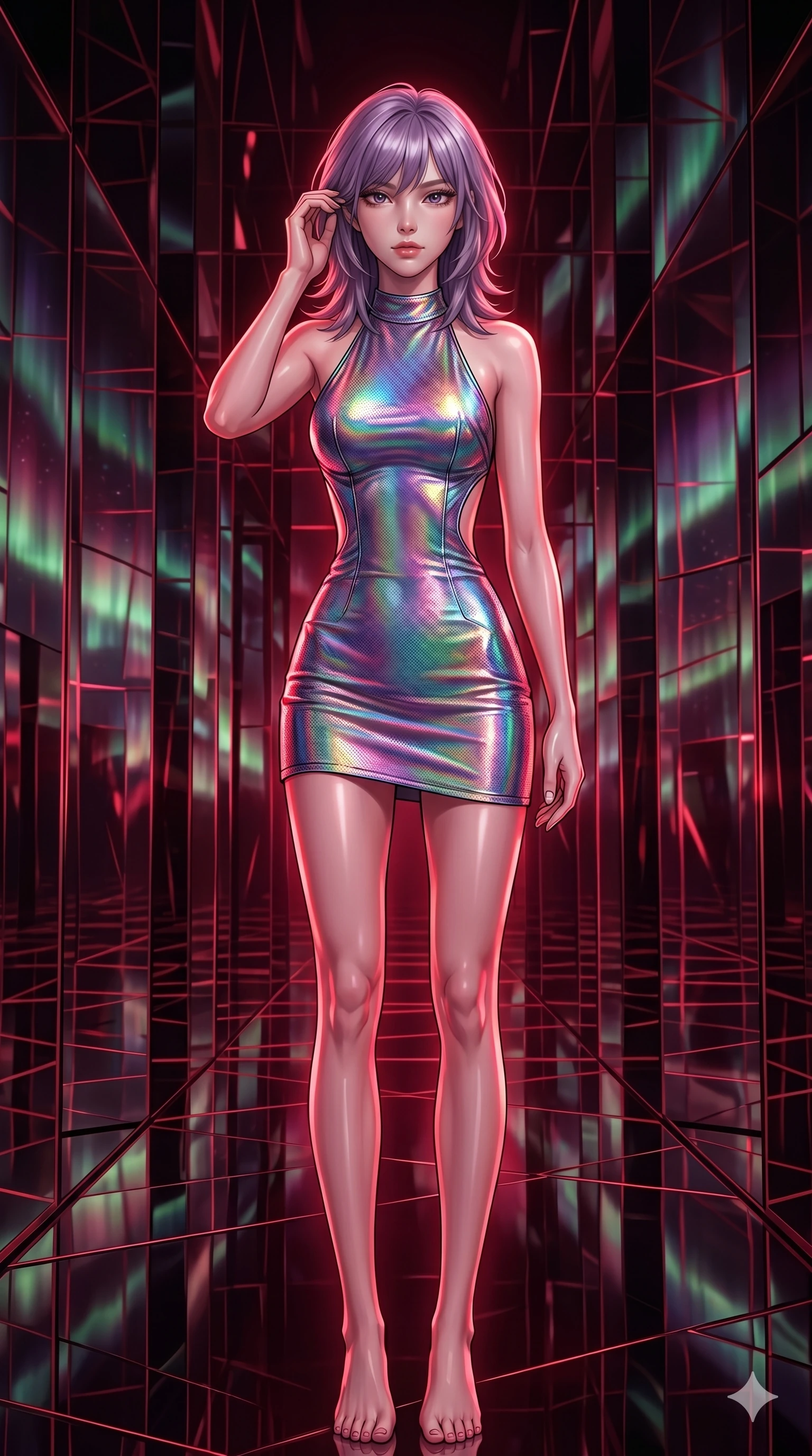 score_9, masterpiece, best quality, ultra-detailed, high-budget anime keyframe, editorial fashion photography, tasteful artistic composition, Japanese woman. cowboy shot from the thighs up, character and outfit filling the frame for maximum editorial presence. Lifting one hand to gently tuck hair behind her ear mid-frame inside an infinite obsidian mirror hall reflecting fractured aurora borealis patterns. She has an absolutely perfect 8-heads proportion, an exceptionally tall and slender female figure with impossibly long slender legs and an ultra-slim waist. V-shaped jawline, high-bridge nose, intricate jewel-like eyes with depth, thick eyelashes, glossy lips with a natural sheen. wearing an iridescent color-shifting halter-neck mini dress with a structured open-back, a precision-fitted form-contouring body and an elevated hemline at the upper thigh. drenched in deep crimson theatrical lighting with sharp specular highlights on every curve. 2k, ultra detail, master piece, 9:16 ratio