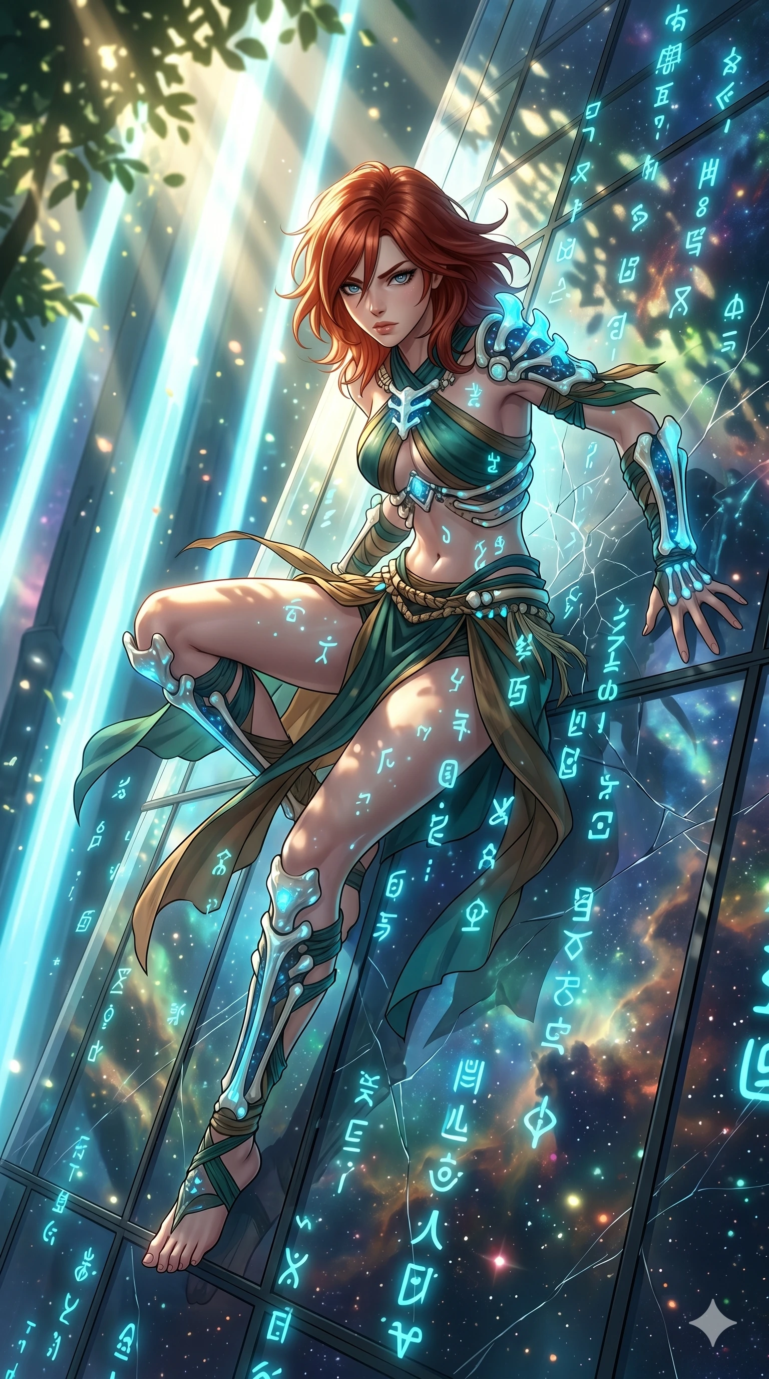 score_9, masterpiece, best quality, ultra-detailed, Set A: High-budget Anime Keyframe, Japanese woman. Upper body close-up from the thighs up, character filling the screen for maximum presence. Theme: Abstract Cosmic. sliding down a glass skyscraper in a temple made of solid light, as a digital rain of 47 symbols washes over her. The atmosphere is filled with cinematic sunlight through leaves. She has an absolutely perfect 8-heads proportion, an exceptionally tall and slender female figure with impossibly long slender legs and an ultra-slim waist. Sharp v-shaped jawline, high-bridge nose, intricate jewel-like eyes with depth, glossy lips. Wearing Primal jungle-warrior outfit with bioluminescent bone-armor and sheer silk wraps. Cinematic lighting, vivid colors, dramatic shadows, 2k, ultra detail, master piece, 9:16 ratio