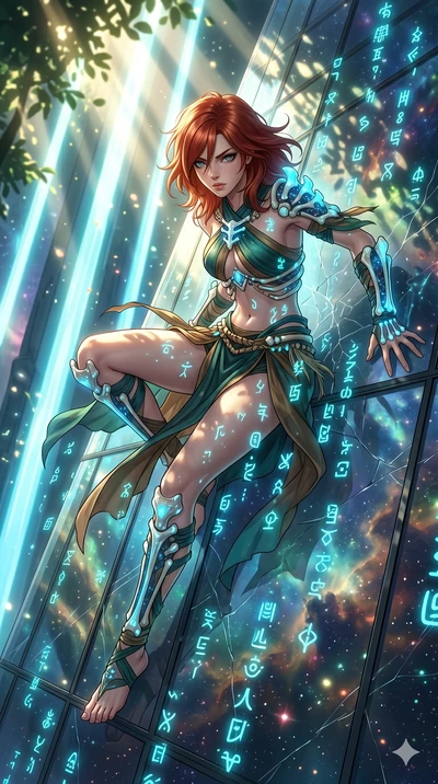 score_9, masterpiece, best quality, ultra-detailed, Set A: High-budget Anime Keyframe, Japanese woman. Upper body close-up from the thighs up, character filling the screen for maximum presence. Theme: Abstract Cosmic. sliding down a glass skyscraper 