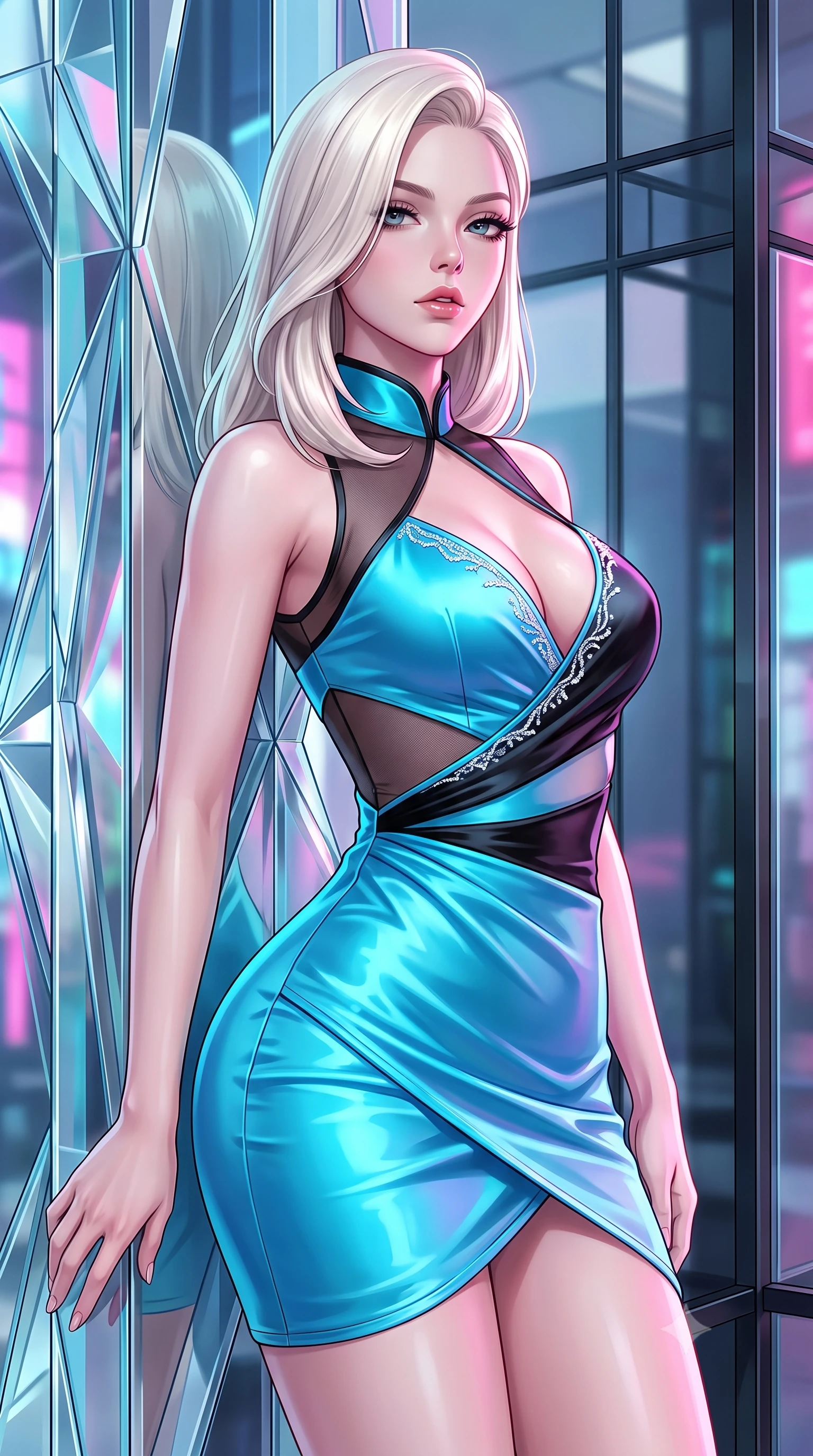 score_9, masterpiece, best quality, ultra-detailed, high-budget anime keyframe, semi-realistic 3D game render, editorial fashion photography, tasteful artistic composition, Caucasian woman. close-up cowboy shot from the waist and thighs up, the character dominates the composition, filling the frame with her large presence. twisting her slender torso in a deep contrapposto stance, hips dramatically shifted to accentuate her feminine curves while looking past her shoulder with smoldering bedroom-eyes while leaning against a multi-faceted crystalline glass pillar inspired by origami folds, arching her lower back with high-fashion sovereign poise. The surrounding environment is rendered in vivid detail and crisp panoramic clarity. sharp glass bevel joints, black resin floor mirror reflections, and architectural steel frame connections in deep focus. She has an exceptionally elegant, slender, and willowy female figure with an ultra-slim waist, flat toned midriff, narrow ribcage, and sculpted feminine hips creating an alluring, slim hourglass silhouette without bulk. sharp v-shaped jawline, high-bridge nose, intricate jewel-like eyes with depth, thick eyelashes, glossy parted lips with a natural sheen, intensely captivating and seductive bedroom-eyes expression, flawlessly proportioned anatomical accuracy, strict slender model proportions, natural body alignment, perfectly sculpted long slender limbs, ultra-slim waistline, clean dynamic posture without body distortion. wearing a wet-look silk fusion wrap dress with asymmetrical sheer mesh cutouts and high Mandarin collar in neon electric cyan and lacquer black, tailored from ultra-smooth duchess satin with a pearlescent sheen, finished with delicate crystal frost embroidery tracing the plunging neckline, the liquid-tight tailored fabric clinging flawlessly to her narrow waist and rounded feminine hips, emphasizing every millimeter of her sculpted slim hourglass curves without any bulky heaviness. bathed in pure, diffused designer architectural lighting and vibrant Tokyo street neon reflections. highly saturated vibrant anime colors, detailed shading with soft gradients, rich glossy textures, high-contrast stereoscopic depth, volumetric dynamic lighting, master piece, 9:16 ratio