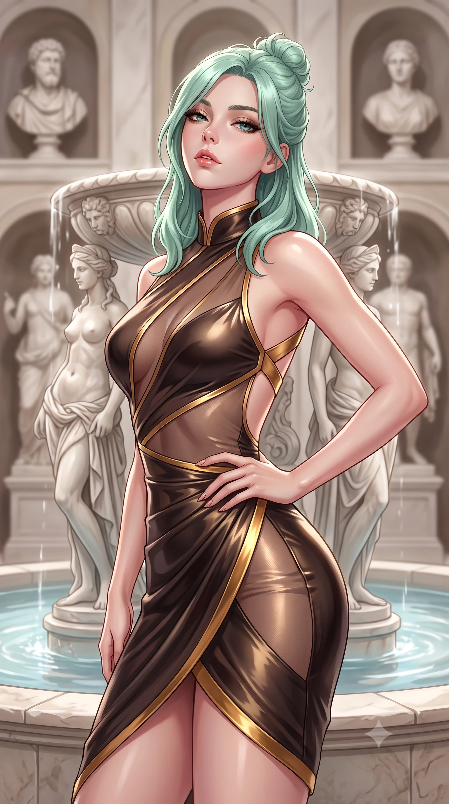 score_9, masterpiece, best quality, ultra-detailed, high-budget anime keyframe, semi-realistic 3D game render, editorial fashion photography, tasteful artistic composition, Japanese woman. close-up cowboy shot from the waist and thighs up, the character dominates the composition, filling the frame with her large presence. tilting her chin up with proud, sovereign allure while gazing through thick eyelashes, one hand resting on her waist in pure supermodel charisma while standing beside the central carved marble fountain surrounded by Roman classical statues, arching her lower back in graceful Andalusian dancer poise. The composition keeps background elements in soft focus with creamy bokeh. classical marble busts in wall niches softened in romantic Spanish shallow focus. She has an exceptionally elegant, slender, and willowy female figure with an ultra-slim waist, flat toned midriff, narrow ribcage, and sculpted feminine hips creating an alluring, slim hourglass silhouette without bulk. sharp v-shaped jawline, high-bridge nose, intricate jewel-like eyes with depth, thick eyelashes, glossy parted lips with a natural sheen, intensely captivating and seductive bedroom-eyes expression, flawlessly proportioned anatomical accuracy, strict slender model proportions, natural body alignment, perfectly sculpted long slender limbs, ultra-slim waistline, clean dynamic posture without body distortion. wearing a wet-look silk fusion wrap dress with asymmetrical sheer mesh cutouts and high Mandarin collar in dark espresso brown and molten gold foil, tailored from second-skin aerodynamic stretch vinyl with specular wet sheen, finished with criss-cross back satin straps highlighting her graceful shoulder blades, the second-skin form-contouring cut accentuating her sculpted flat midriff, narrow delicate ribcage, and gracefully curvy hips with supermodel precision. illuminated by soft specular fountain reflections sharply defining her sculpted collarbones, ultra-slim waist, and curvy hips. highly saturated vibrant anime colors, detailed shading with soft gradients, rich glossy textures, high-contrast stereoscopic depth, volumetric dynamic lighting, master piece, 9:16 ratio