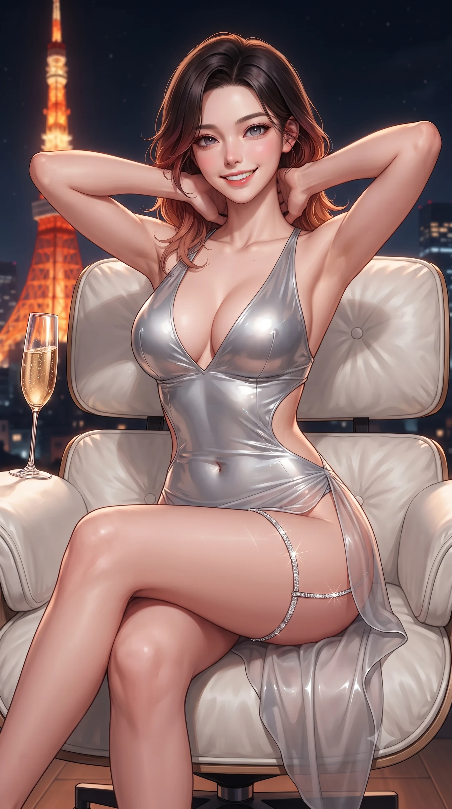 score_9, masterpiece, best quality, ultra-detailed, high-budget anime keyframe, editorial fashion photography, tasteful artistic composition, Korean woman. close-up cowboy shot from the waist and thighs up, the character dominates the composition, filling the frame with her large presence. resting both hands lightly behind her neck with elbows raised, arching her spine to highlight her narrow waist, flat midriff, and breathtaking collarbones while lounging in an oversized white leather designer armchair with legs crossed, holding a glass of champagne with sovereign supermodel cool. The surrounding environment is rendered in vivid detail and crisp panoramic clarity: detailed wet-look vinyl bustier texture, sheer wrap mini skirt drape, and architectural precision in high resolution. She has an exceptionally elegant, slender, and willowy female figure with an ultra-slim waist, flat toned midriff, narrow ribcage, and sculpted feminine hips creating an alluring, slim hourglass silhouette without bulk. sharp v-shaped jawline, high-bridge nose, intricate jewel-like sparkling eyes with depth, thick eyelashes, glossy parted lips with a natural peach sheen, bright cheerful beaming smile with an enchanting and coquettish sensual glint, exuding both youthful cute charm and seductive allure, flawlessly proportioned anatomical accuracy, strict slender model proportions, natural body alignment, perfectly sculpted long slender limbs, ultra-slim waistline, clean dynamic posture without body distortion. wearing a liquid silver jersey plunge-neck bodycon dress with daring side cutouts tracing her dewy waist and hips in smoky charcoal noir and reflective metallic platinum, crafted from wet-look high-gloss vinyl fabric with dazzling specular surface reflections, finished with delicate crystal-encrusted thigh garter straps glinting in the dim light, the form-contouring silhouette accentuating her sculpted flat midriff, narrow delicate ribcage, and gracefully curvy hips with intoxicating allure. bathed in the warm radiant orange-scarlet beacon glow of Tokyo Tower contrasted with deep midnight sky. ultra-reflective glossy finish, specular highlights, rich textural contrasts, high-contrast stereoscopic depth, volumetric dynamic lighting, 2k, ultra detail, master piece, 9:16 ratio