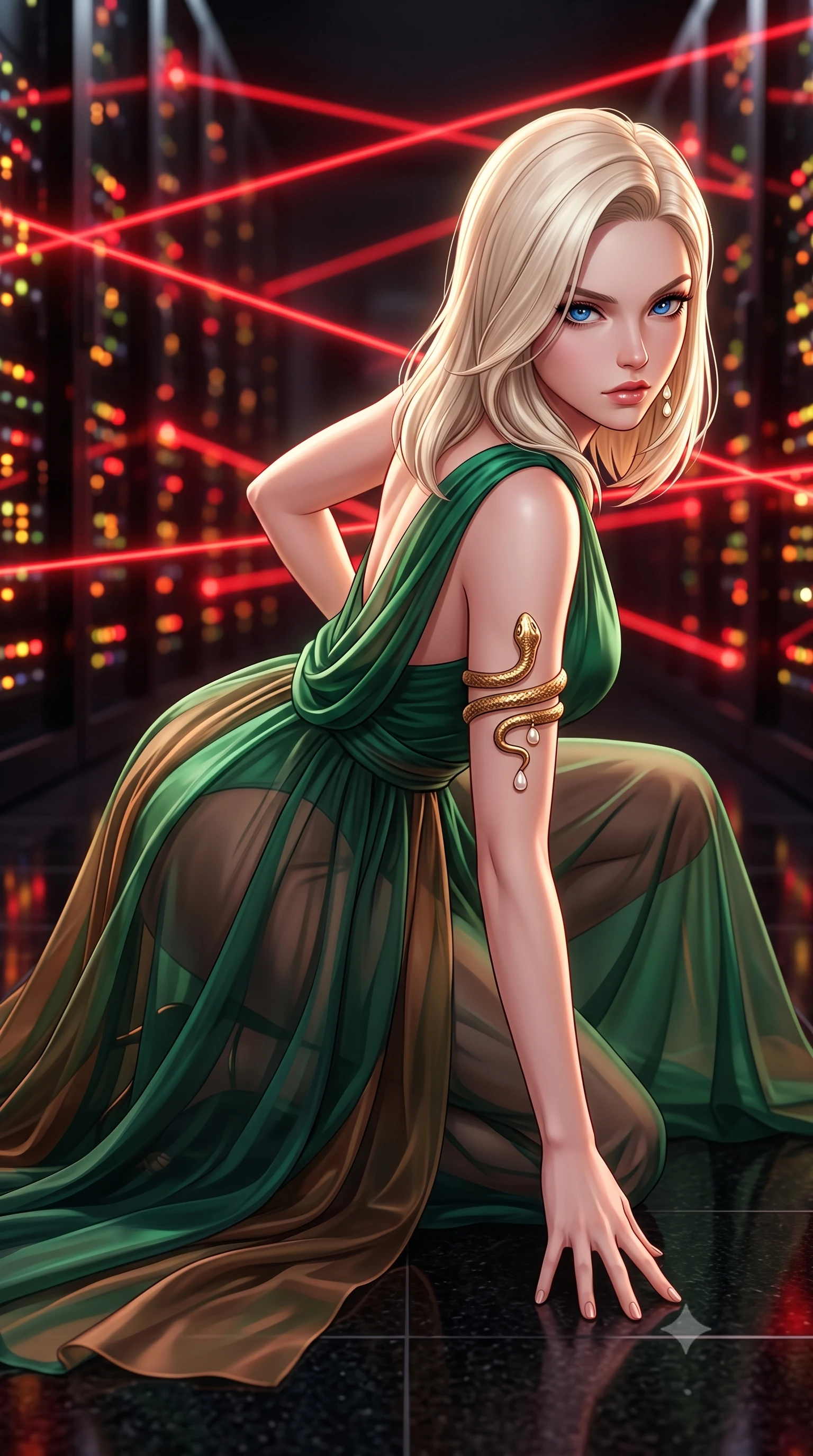 score_9, masterpiece, best quality, ultra-detailed, high-budget anime keyframe, semi-realistic 3D game render, editorial fashion photography, tasteful artistic composition, Caucasian woman. close-up cowboy shot from the waist and thighs up, the character dominates the composition, filling the frame with her large presence. radiating intense magnetic charisma with jewel-like eyes locked onto the viewer, her upper body turning in a dynamic, fluid S-curve while pivoting dynamically across the polished black granite floor, one hand planted as lasers criss-cross inches above her back. The composition keeps background elements in soft focus with creamy bokeh. endless glowing server rack indicator LEDs and intersecting red laser lines blurred into fiery crimson, amber, and obsidian bokeh. She has an exceptionally elegant, slender, and willowy female figure with an ultra-slim waist, a gracefully sculpted slender torso, toned flat midriff, and a refined slim silhouette. sharp v-shaped jawline, high-bridge nose, intricate jewel-like eyes with depth, thick eyelashes, glossy lips with a natural sheen, captivating and magnetic expression, flawlessly proportioned anatomical accuracy, strict slender model proportions, natural body alignment, perfectly sculpted long slender limbs, ultra-slim waistline, clean dynamic posture without body distortion. wearing an ethereal emerald-green silk chiffon gown with an asymmetric shoulder drape and sheer layered skirt in deep emerald green and bronze, woven from airy multi-layered silk chiffon with a weightless drape, accented with a sculptured gold serpent armlet and pearl drops edition #12, the breezy yet form-flattering drape swaying gracefully with her steps, accentuating her long willowy limbs and slim waistline. surrounded by a deadly, sophisticated, and irresistibly alluring secret agent femme fatale aura. highly saturated vibrant anime colors, detailed shading with soft gradients, rich glossy textures, high-contrast stereoscopic depth, volumetric dynamic lighting, master piece, 9:16 ratio