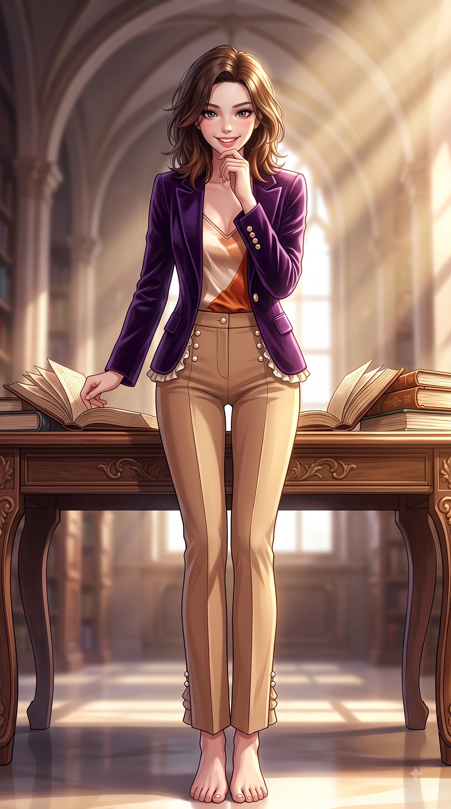 score_9, masterpiece, best quality, ultra-detailed, high-budget anime keyframe, editorial fashion photography, tasteful artistic composition, Korean woman. low angle full-body shot from head to toe showing her feet, filling the entire 9:16 vertical frame with her statuesque presence, stretching her vertical silhouette. Playful cute grin with eyes crinkling in pure girlhood delight, leaning forward with adorable energy while resting her chin thoughtfully on her hand while reviewing open leather journals. The composition keeps background elements in soft focus with dreamy bokeh. tall arched library halls blurring smoothly into a sophisticated academic backdrop. She has an absolutely perfect, statuesque 8.5-heads proportion, an exceptionally tall and slender model-like female figure with impossibly long slender legs and an ultra-slim waist. sharp v-shaped jawline, high-bridge nose, intricate jewel-like eyes with depth, thick eyelashes, glossy lips with a natural sheen, flawlessly proportioned anatomical accuracy, natural body alignment, perfectly sculpted elegant limbs, clean dynamic posture without body distortion. wearing a deep amethyst purple velvet blazer over a silky champagne camisole in burnt orange and warm camel beige, tailored from structured wool crepe with clean lines, accented with delicate pearl buttons and refined ruffle trims, the form-contouring material accentuating her ultra-slim waist and long lines. bathed in dramatic volumetric sunbeams streaming through tall arched windows. highly saturated vibrant anime colors, detailed shading with soft gradients, rich glossy textures, high-contrast stereoscopic depth, volumetric dynamic lighting, master piece, 9:16 ratio