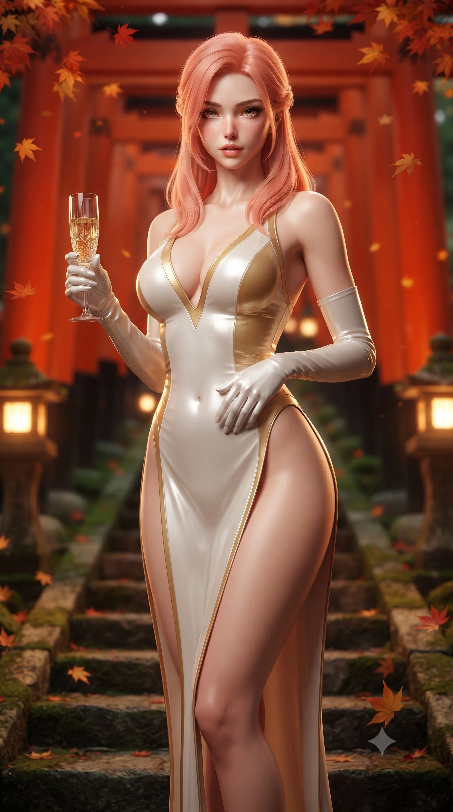 score_9, masterpiece, best quality, ultra-detailed, high-budget anime keyframe, semi-realistic 3D game render, editorial fashion photography, tasteful artistic composition, Japanese woman. close-up cowboy shot from the waist and thighs up, the character dominates the composition, filling the frame with her large presence. resting one manicured hand delicately on her hip bone, her upper body turning in a fluid, seductive S-curve while parted lips glisten in the light while standing poised on the ancient stone steps between glowing stone lanterns, twisting her slender torso in an alluring S-curve as autumn maple leaves fall. The composition keeps background elements in soft focus with creamy bokeh. endless tunnel of bright vermilion torii arches and glowing stone lantern flames blurred into rich vermilion, amber, and deep forest-green bokeh. She has an exceptionally elegant, slender, and willowy female figure with an ultra-slim waist, flat toned midriff, narrow ribcage, and sculpted feminine hips creating an alluring, slim hourglass silhouette without bulk. sharp v-shaped jawline, high-bridge nose, intricate jewel-like eyes with depth, thick eyelashes, glossy parted lips with a natural sheen, intensely captivating and seductive bedroom-eyes expression, flawlessly proportioned anatomical accuracy, strict slender model proportions, natural body alignment, perfectly sculpted long slender limbs, ultra-slim waistline, clean dynamic posture without body distortion. wearing a plunging-V neckline duchess satin gown with high side slits ascending to the high hip in pure alabaster white and sun-kissed gold, tailored from second-skin aerodynamic stretch vinyl with specular wet sheen, accessorized with opera-length satin gloves and a vintage crystal glass, the glove-like aerodynamic silhouette tightly following the natural contour of her hips and long slender legs with statuesque 8.5-heads elegance. illuminated by delicate directional lantern light sharply defining her sculpted collarbones, narrow waist, and curvy hips. highly saturated vibrant anime colors, detailed shading with soft gradients, rich glossy textures, high-contrast stereoscopic depth, volumetric dynamic lighting, master piece, 9:16 ratio