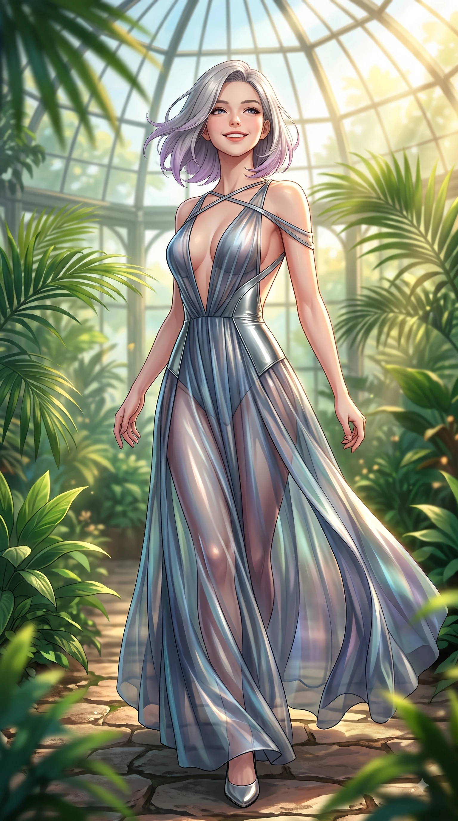 score_9, masterpiece, best quality, ultra-detailed, high-budget anime keyframe, editorial fashion photography, tasteful artistic composition, Caucasian woman. close-up cowboy shot from the waist and thighs up, the character dominates the composition, filling the frame with her large presence, background elements kept in soft focus. Tilting her chin up with a sweet beaming smile of pure delight while balancing dynamically amidst the scene while walking along a stone path in a lush botanical greenhouse surrounded by tropical green palms, rich emerald, jade, and lime green plant textures framing her youthful posture. She has an exceptionally elegant, slender, and willowy female figure with an ultra-slim waist, a gracefully sculpted slender torso, and a refined silhouette. sharp v-shaped jawline, high-bridge nose, intricate jewel-like eyes with depth, thick eyelashes, glossy lips with a natural sheen, flawlessly proportioned anatomical accuracy, natural body alignment, perfectly sculpted elegant limbs, clean dynamic posture without body distortion. wearing a translucent iridescent chiffon gown with a plunging neckline and open back in slate blue and metallic silver, formed from sleek second-skin neoprene, complemented by criss-cross back straps highlighting her bare shoulders, the elegant draped fit framing her graceful clavicle and slender torso. bathed in brilliant golden sunlight and fresh green botanical ambient glow. highly saturated vibrant anime colors, detailed shading with soft gradients, rich glossy textures, high-contrast stereoscopic depth, volumetric dynamic lighting, master piece, 9:16 ratio