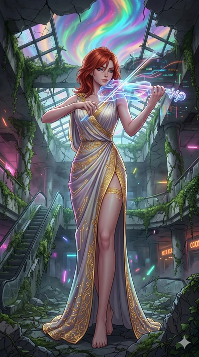 score_9, masterpiece, best quality, ultra-detailed, Set A: High-budget Anime Keyframe, Caucasian (human ears) woman. Upper body close-up from the thighs up, character filling the screen for maximum presence. Theme: Ethereal Dream. playing a holograph