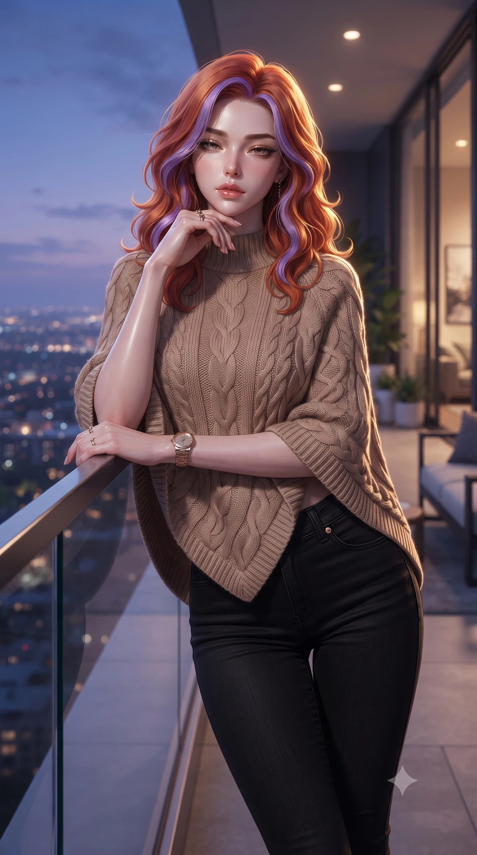 score_9, masterpiece, best quality, ultra-detailed, high-budget anime keyframe, editorial fashion photography, tasteful artistic composition, Caucasian woman woman. close-up cowboy shot from the waist and thighs up, the character dominates the composition, filling the frame with her large presence, background elements kept in soft focus. resting her chin on the backs of her fingers, casting a heavy-lidded, sultry look past the camera the background shows a soft-focus a modern apartment balcony overlooking a distant glittering city skyline at dusk. She has an exceptionally elegant, slender, and willowy female figure with an ultra-slim waist, a gracefully sculpted slender torso, and a refined silhouette. sharp v-shaped jawline, high-bridge nose, intricate jewel-like eyes with depth, thick eyelashes, glossy lips with a natural sheen. wearing a form-contouring stylish light brown knit poncho over black skinny jeans. the cool blue twilight sky contrasting with the warm golden lights of the room inside. ultra-reflective glossy finish, specular highlights, metallic sheen, high-contrast stereoscopic depth, volumetric dynamic lighting, 2k, ultra detail, master piece, 9:16 ratio