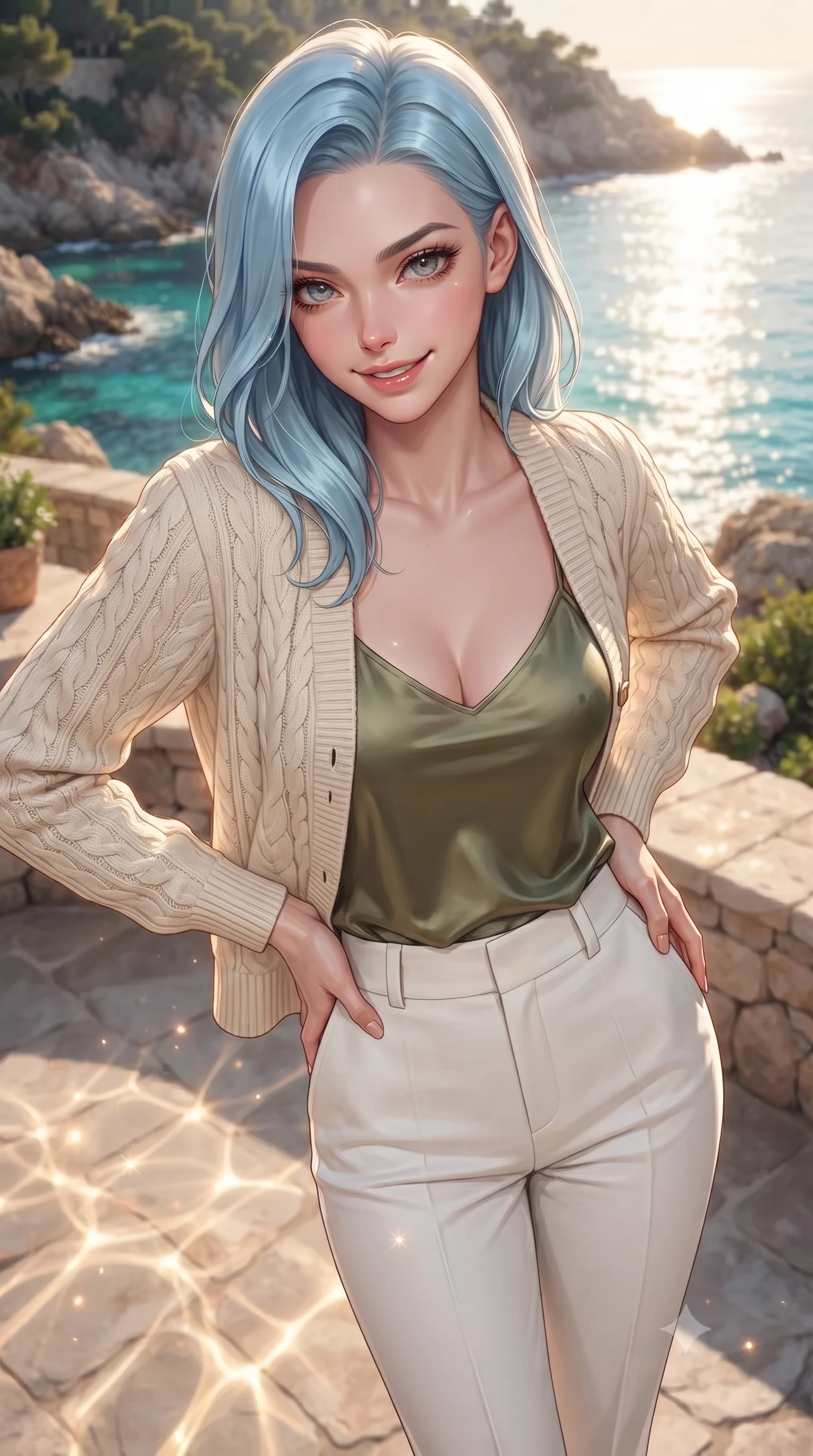 score_9, masterpiece, best quality, ultra-detailed, high-budget anime keyframe, editorial fashion photography, tasteful artistic composition, Korean woman woman. close-up cowboy shot from the waist and thighs up, the character dominates the composition, filling the frame with her large presence, background elements kept in soft focus. leaning slightly forward with a playful, teasing smile, her gaze locked onto the viewer the background shows a soft-focus a stone terrace of a coastal villa overlooking a rocky bay with turquoise water. She has an exceptionally elegant, slender, and willowy female figure with an ultra-slim waist, a gracefully sculpted slender torso, and a refined silhouette. sharp v-shaped jawline, high-bridge nose, intricate jewel-like eyes with depth, thick eyelashes, glossy lips with a natural sheen. wearing a body-hugging cozy cream cardigan worn over an olive green silk camisole and tailored white trousers. warm afternoon sunbeams reflecting off the ocean surface onto the terrace. ultra-reflective glossy finish, specular highlights, metallic sheen, high-contrast stereoscopic depth, volumetric dynamic lighting, 2k, ultra detail, master piece, 9:16 ratio