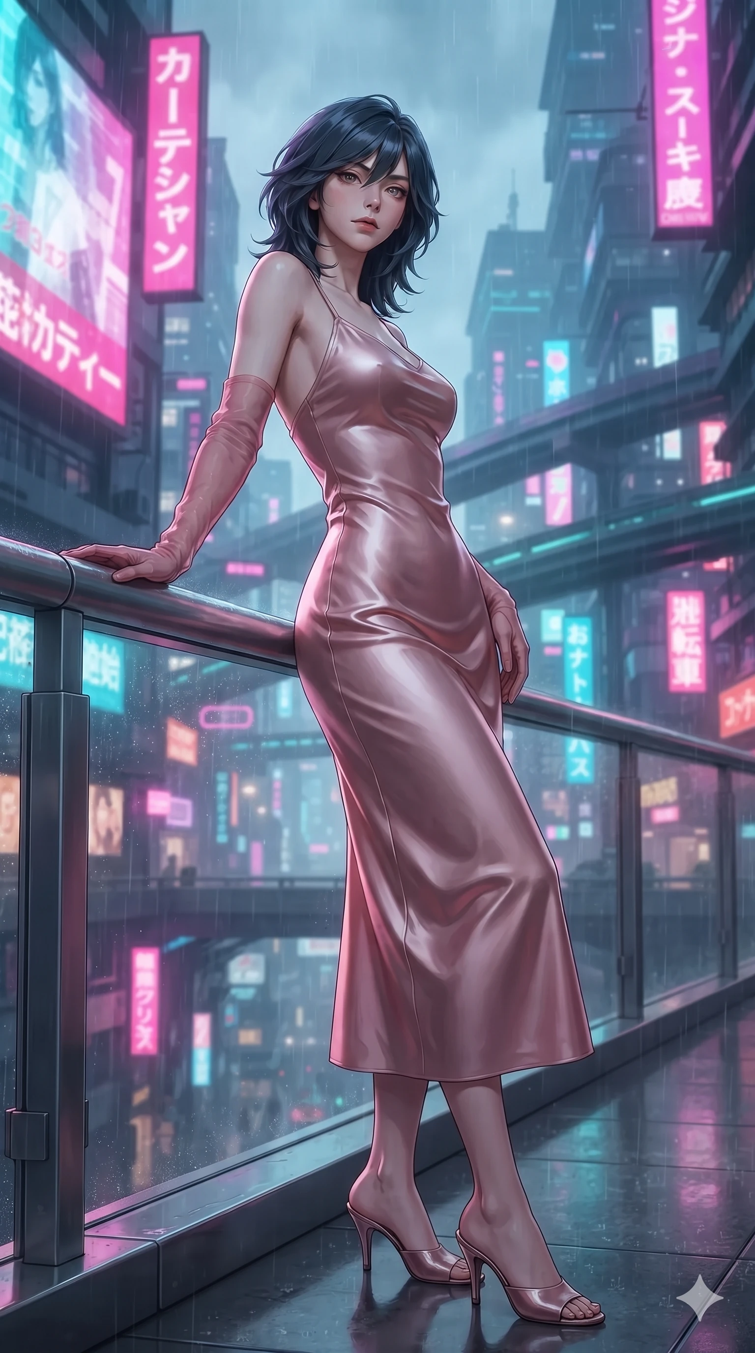 score_9, masterpiece, best quality, ultra-detailed, high-budget anime keyframe, editorial fashion photography, tasteful artistic composition, Caucasian woman. low angle full-body shot from head to toe showing her feet, filling the entire 9:16 vertical frame with her statuesque presence, stretching her vertical silhouette. leaning deep against the balcony balustrade with hips cocked back in an unapologetically alluring high-fashion stance, casting an intoxicating glance while twisting her slender torso in an alluring contrapposto stance, towering magenta and cyan holographic billboards casting chromatic reflections across her narrow waist and hips. The background shows a soft-focus towering 3D holographic advertisements, neon-drenched sky-freeway tiers, and rain mist scattering magenta and cyan light blurred into fuchsia, turquoise, and amber bokeh. She has an exceptionally tall and slender model-like 8.5-heads proportion, an ultra-slim waist, a flat toned midriff, narrow delicate ribcage, and beautifully sculpted feminine hips creating a graceful, slim hourglass silhouette without any bulky heaviness, with impossibly long slender legs. sharp v-shaped jawline, high-bridge nose, intricate jewel-like sparkling eyes with depth, thick eyelashes, glossy parted lips with a natural peach sheen, bright cheerful beaming smile with an enchanting and coquettish sensual glint, exuding both youthful cute charm and seductive allure, flawlessly proportioned anatomical accuracy, strict slender model proportions, natural body alignment, perfectly sculpted long slender limbs, ultra-slim waistline, clean dynamic posture without body distortion. wearing a sculpted liquid satin bias-cut slip dress tailored with contouring seams that adhere flawlessly over her curves in Solaris liquid rose-quartz and alien peach, tailored from high-gloss patent leather with mirror-like specular highlights, complemented by sheer opera-length evening gloves tracing her slender arms, the second-skin tailored fabric adhering flawlessly to her sculpted flat midriff and slender torso, emphasizing her long leg lines and perfectly proportioned willowy build. bathed in the dynamic multi-colored glow of towering holographic billboards mixed with street rain reflections. ultra-reflective glossy finish, specular highlights, rich textural contrasts, high-contrast stereoscopic depth, volumetric dynamic lighting, 2k, ultra detail, master piece, 9:16 ratio