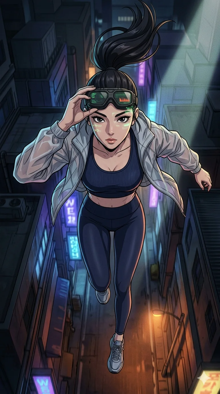 score_9, masterpiece, best quality, ultra-detailed, high-budget anime movie keyframe, cinematic anime lighting, intricate line art, Korean woman. Extreme high angle shot as she leaps towards the camera, filling the frame. adjusting her tactical goggles as they scan for heat signatures. She has an absolutely perfect 8-heads proportion, an exceptionally tall and slender female figure with an ultra-slim waist and impossibly long slender legs. strictly human anatomy, two legs only, no extra limbs, clearly defined legs and arms, perfect anatomy, perfect hands and fingers. sharp v-shaped jawline, high-bridge nose, intricate jewel-like eyes, thick eyelashes, glossy lips. Wearing Premium Athleisure: Ribbed sports bra and leggings set, sheer windbreaker, and sleek high-performance activewear. The scene is illuminated by dramatic atmospheric lighting and vibrant color palettes. , 2k, ultra detail, master piece, 9:16 ratio