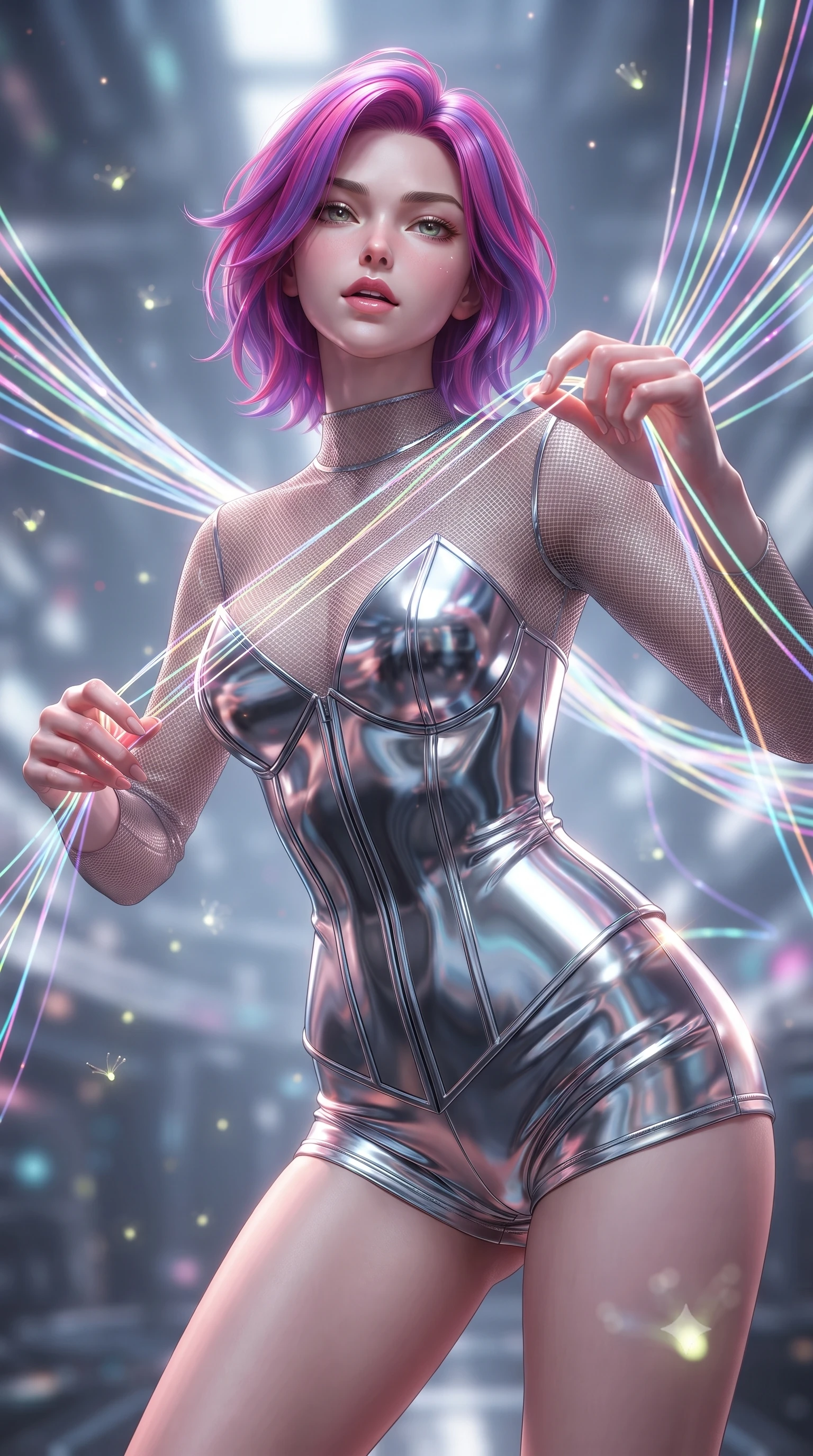 score_9, masterpiece, best quality, ultra-detailed, high-budget anime keyframe, editorial fashion photography, tasteful artistic composition, Caucasian woman. close-up cowboy shot from the waist and thighs up, the character dominates the composition, filling the frame with her large presence, background elements kept in soft focus. Tilting her chin up slightly with lips parted in a magnetic, composed expression threading fluorescent fiber optic lines on a massive 3D light loom, glowing fiber optic motes drifting like fireflies in the background. She has an exceptionally elegant, slender, and willowy female figure with an ultra-slim waist, a gracefully sculpted slender torso, and a refined silhouette. sharp v-shaped jawline, high-bridge nose, intricate jewel-like eyes with depth, thick eyelashes, glossy lips with a natural sheen. wearing a metallic chrome-plated structured bodice worn over a sheer mesh-textured top and micro-shorts, the form-contouring material highlighting her ultra-slim waist and long lines. lit by intense fiber optic light rays creating stunning contrast and depth. ultra-reflective glossy finish, specular highlights, metallic sheen, high-contrast stereoscopic depth, volumetric dynamic lighting, 2k, ultra detail, master piece, 9:16 ratio