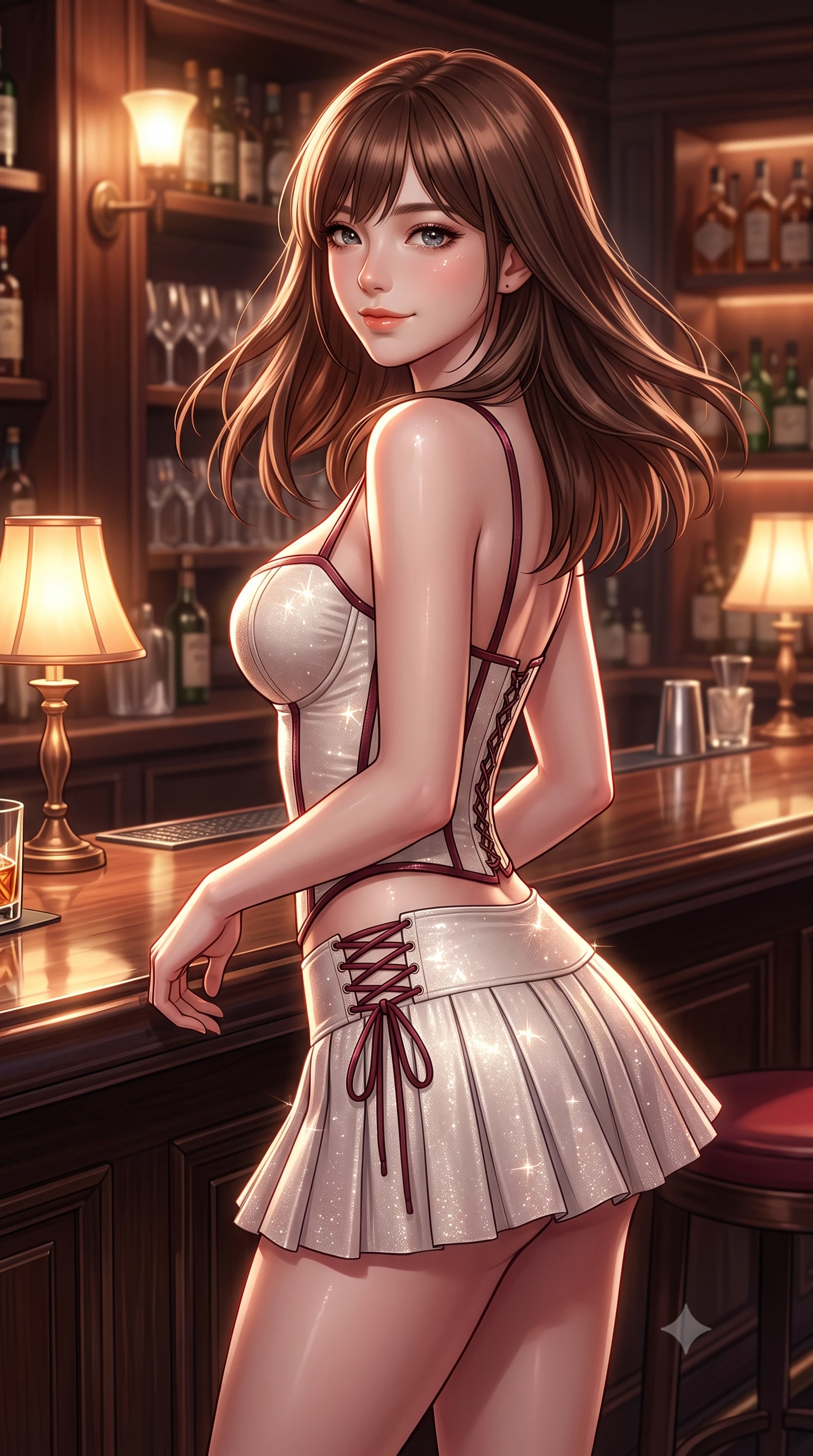 score_9, masterpiece, best quality, ultra-detailed, high-budget anime keyframe, semi-realistic 3D game render, editorial fashion photography, tasteful artistic composition, Korean woman. close-up cowboy shot from the waist and thighs up, the character dominates the composition, filling the frame with her large presence. turning slowly with an enchanting smoldering smile, her glossy hair tossing in the breeze as her hips angle gracefully in a captivating contrapposto while twisting her slender torso in an alluring contrapposto stance beside the illuminated bar, warm cocktail lamp light tracing her flat midriff and curvy hips. The surrounding environment is rendered in vivid detail and crisp panoramic clarity: detailed garment cut, fabric cling, and heritage restoration craft in razor-sharp precision. She has an exceptionally elegant, slender, and willowy female figure with an ultra-slim waist, flat toned midriff, narrow ribcage, and sculpted feminine hips creating an alluring, slim hourglass silhouette without bulk. sharp v-shaped jawline, high-bridge nose, intricate jewel-like sparkling eyes with depth, thick eyelashes, glossy parted lips with a natural peach sheen, bright cheerful beaming smile with an enchanting and coquettish sensual glint, exuding both youthful cute charm and seductive allure, flawlessly proportioned anatomical accuracy, strict slender model proportions, natural body alignment, perfectly sculpted long slender limbs, ultra-slim waistline, clean dynamic posture without body distortion. wearing a structured boned corset top paired with an ultra-short low-rise pleated micro mini skirt in Belvedere ivory pearl and Habsburg bordeaux wine, woven from stretch metallic lurex jersey casting radiant starlight glints across her curves, featuring fine criss-cross lace-up side ties revealing tantalizing glimpses of her hip curve, the liquid-tight tailored fabric clinging flawlessly to her narrow waist and rounded feminine hips, emphasizing every millimeter of her sculpted slim hourglass curves without any bulky heaviness. illuminated by bar counter reflection fill and sharp rose-gold rim lights defining her razor-sharp jawline, narrow waist, and curvy hips. highly saturated vibrant anime colors, detailed shading with soft gradients, rich glossy textures, high-contrast stereoscopic depth, volumetric dynamic lighting, master piece, 9:16 ratio