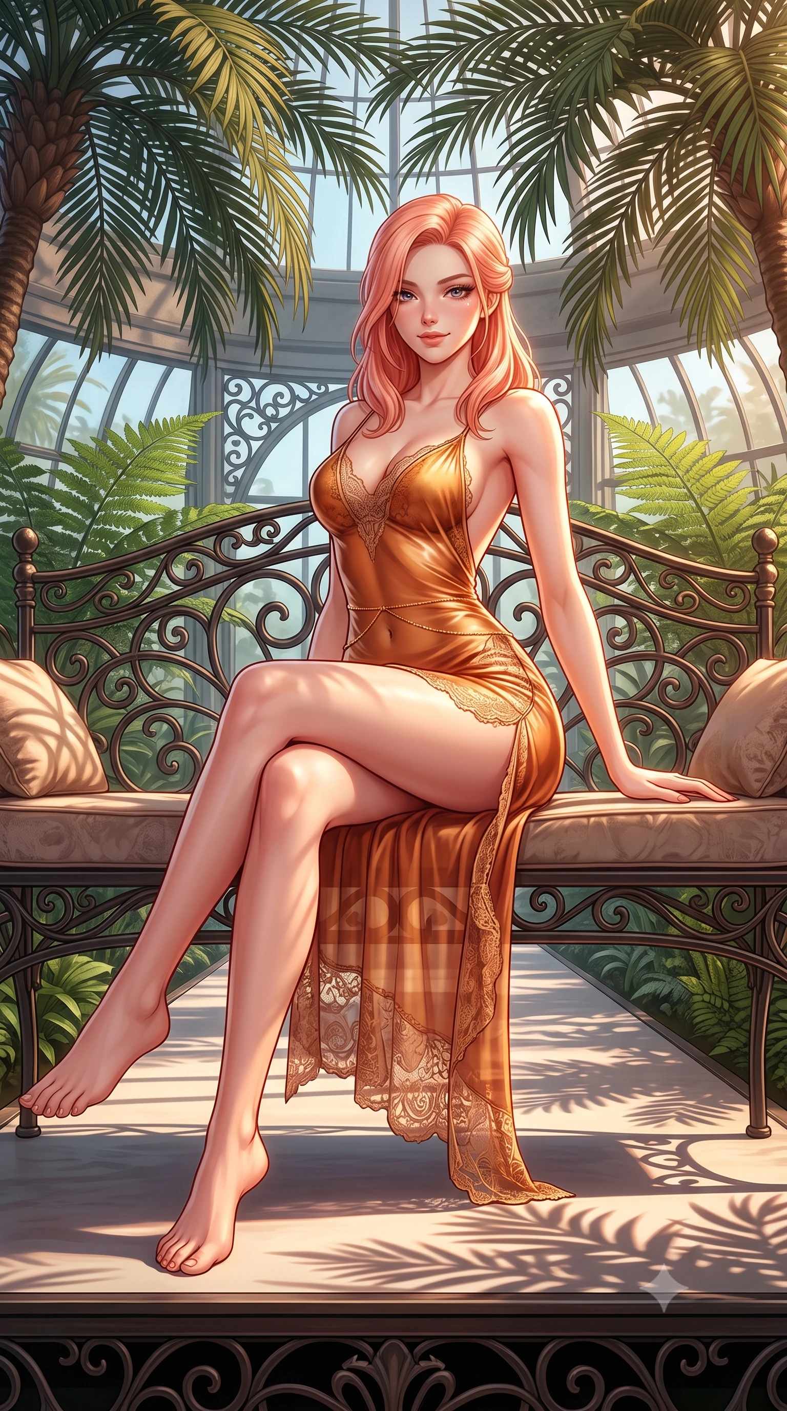 score_9, masterpiece, best quality, ultra-detailed, high-budget anime keyframe, semi-realistic 3D game render, editorial fashion photography, tasteful artistic composition, Japanese woman. low angle full-body shot from head to toe showing her feet, filling the entire 9:16 vertical frame with her statuesque presence, stretching her vertical silhouette. lounging on the lavish daybed with legs crossed and hips angled toward the camera, displaying her toned midriff and long slender limbs with effortless siren poise while standing centered on the elevated catwalk among towering date palms, arching her spine with breathtaking botanical nymph grace. The surrounding environment is rendered in vivid detail and crisp panoramic clarity: sharp wrought-iron filigree scrollwork, giant fern leaf spore textures, and curved glass pane reflection clarity in deep focus. She has an absolutely perfect, statuesque 8.5-heads proportion, an exceptionally tall and slender model-like female figure with impossibly long slender legs, an ultra-slim waist, a flat toned midriff, narrow delicate ribcage, and beautifully sculpted feminine hips creating a graceful, slim hourglass silhouette without any bulky heaviness. sharp v-shaped jawline, high-bridge nose, sparkling eyes with hypnotic seductive depth, thick curled eyelashes, glossy parted lips with a natural dewy peach sheen, alluring bedroom-eyes with an enchanting coquettish smile, exuding magnetic siren charisma and sophisticated glamour, flawlessly proportioned anatomical accuracy, strict slender model proportions, natural body alignment, perfectly sculpted long slender limbs, ultra-slim waistline, clean dynamic posture without body distortion. wearing a form-contouring gossamer silk chiffon slip dress with a hip-high slit and open back, clinging smoothly with dewy moisture in warm amber honey and antique terracotta with gilded bronze, made of delicate semi-sheer French Chantilly lace with intricate eyelash edges, accented with a dainty gold belly chain resting across her flat midriff and curving hips, the liquid-tight tailored fabric clinging flawlessly to her narrow waist and rounded feminine hips, emphasizing every millimeter of her sculpted slim hourglass curves without any bulky heaviness. illuminated by palm frond dappled shadows and sharp warm-gold rim lights sculpting her razor-sharp jawline, narrow waist, and curvy hips. highly saturated vibrant anime colors, detailed shading with soft gradients, rich glossy textures, high-contrast stereoscopic depth, volumetric dynamic lighting, master piece, 9:16 ratio