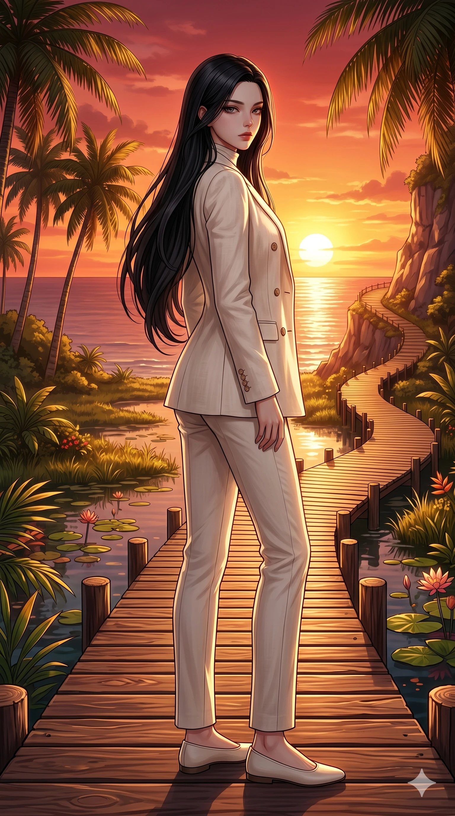 score_9, masterpiece, best quality, ultra-detailed, high-budget anime keyframe, editorial fashion photography, tasteful artistic composition, Korean woman. low angle full-body shot from head to toe showing her feet, filling the entire 9:16 vertical frame with her statuesque presence, stretching her vertical silhouette. standing on the edge of the cliffside path, looking over her shoulder with a smoldering, mysterious gaze on a wooden boardwalk winding through a sunlit tropical wetland (Code-P19-016). She has an absolutely perfect 8-heads proportion, an exceptionally tall and slender female figure with impossibly long slender legs and an ultra-slim waist. V-shaped jawline, high-bridge nose, intricate jewel-like eyes with depth, thick eyelashes, glossy lips with a natural sheen. wearing a high-neck double-breasted summer linen coat with long tailored trousers in ivory. illuminated by the setting sun over the ocean, casting a deep crimson and gold backlight. 2k, ultra detail, master piece, 9:16 ratio