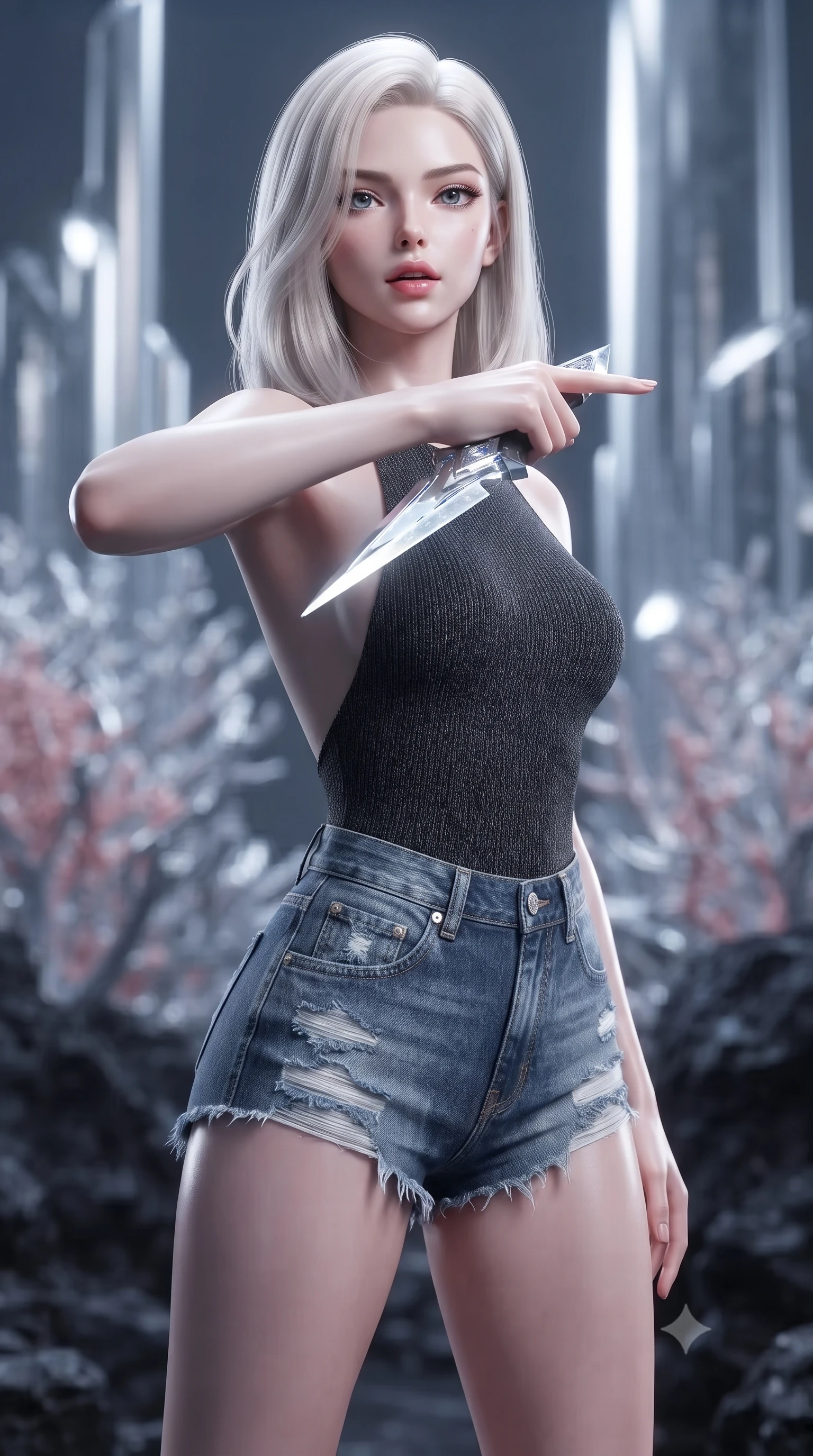 score_9, masterpiece, best quality, ultra-detailed, high-budget anime keyframe, editorial fashion photography, tasteful artistic composition, Caucasian woman. close-up cowboy shot from the waist and thighs up, the character dominates the composition, filling the frame with her large presence, background elements kept in soft focus. pointing a crystal-edged laser dagger forward in a defensive stance, tilting her chin up slightly with lips parted in a composed pose, the background shows a soft-focus a mercury coral forest with towering silver structures and black volcanic rock. She has an exceptionally elegant, slender, and willowy female figure with an ultra-slim waist, a gracefully sculpted slender torso, and a refined silhouette. sharp v-shaped jawline, high-bridge nose, intricate jewel-like eyes with depth, thick eyelashes, glossy lips with a natural sheen. wearing a slim-fit backless carbon-fiber knit top in charcoal wool, paired with high-waisted denim micro-shorts. soft indigo starlight wrapping her form in a cool, specular glaze. ultra-reflective glossy finish, specular highlights, metallic sheen, high-contrast stereoscopic depth, volumetric dynamic lighting, 2k, ultra detail, master piece, 9:16 ratio